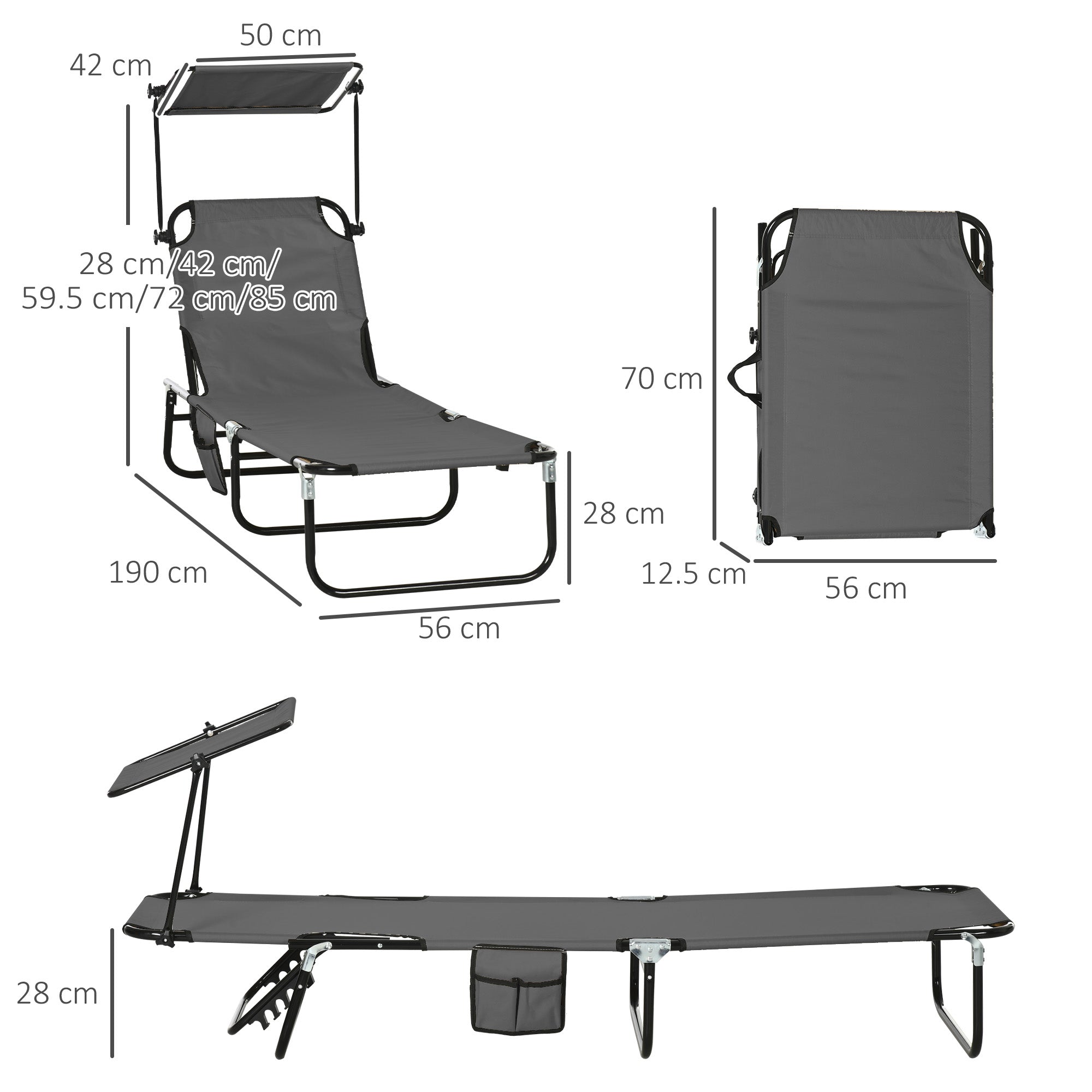 Outsunny Set of Two Folding Sun Loungers, with Adjustable Backs and Sun Canopies - Grey