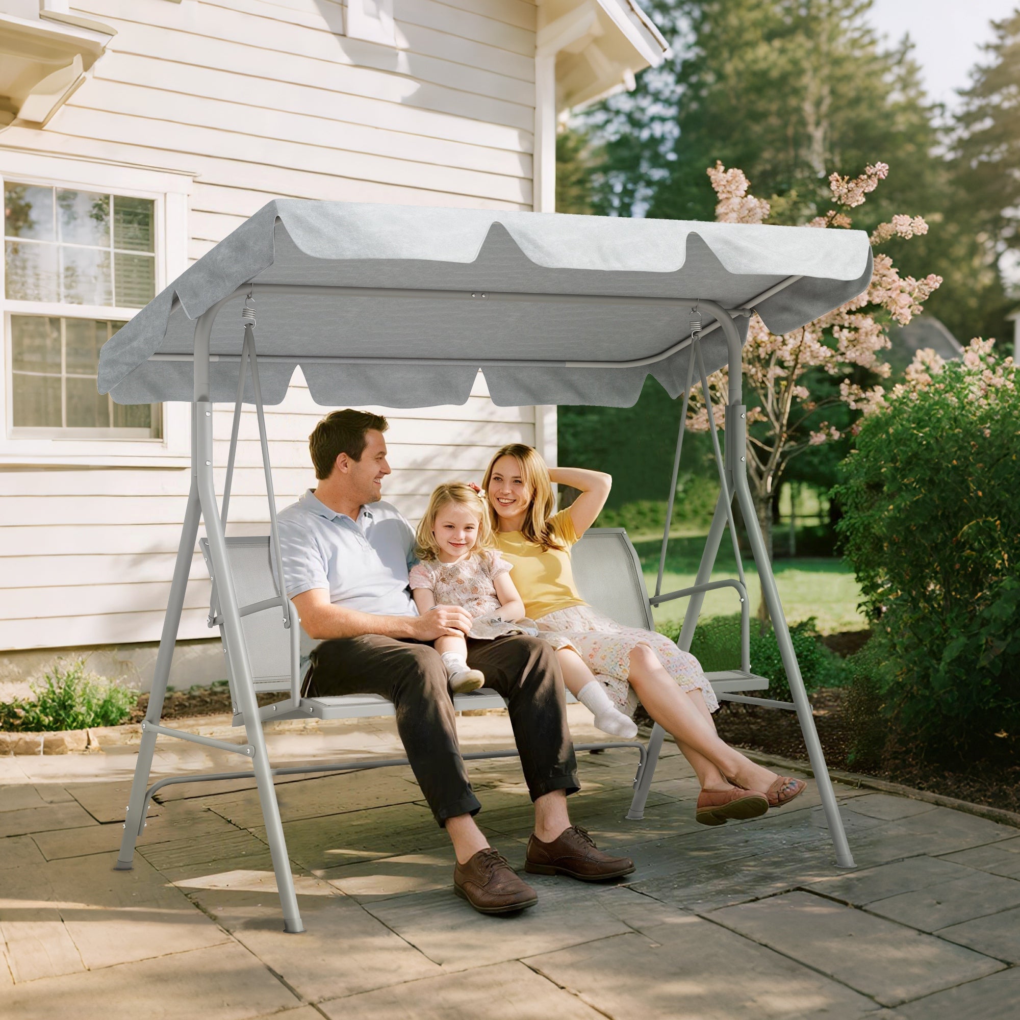 Outsunny Metal Garden Swing Chair, 3-Seater Swing Seat, Patio Hammock Bench Canopy Lounger, Light Grey