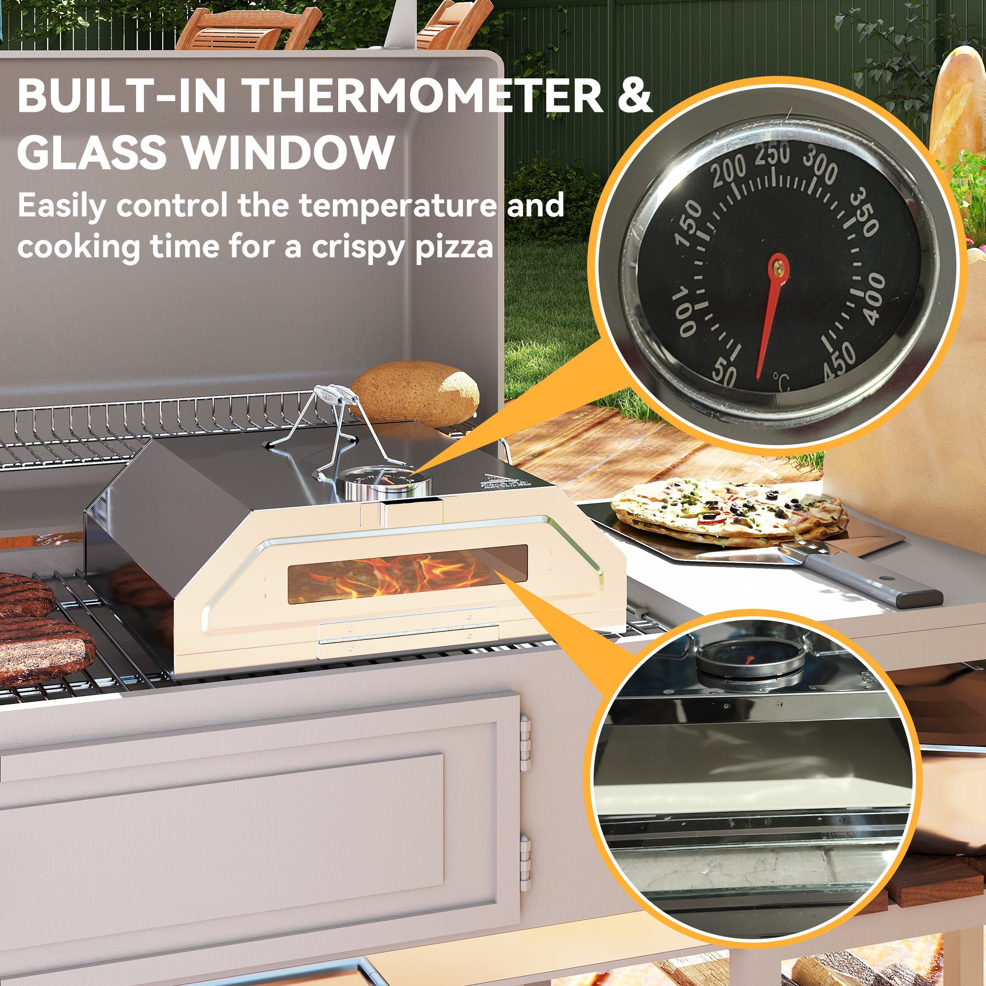 Outsunny 8 in Portable Stainless Steel BBQ Grill Top Pizza Oven with Built-in Thermometer and Viewing Window for Gas and Charcoal BBQ Grills, Includes Carry Handles, Pizza Stone and Peel, Silver Tone