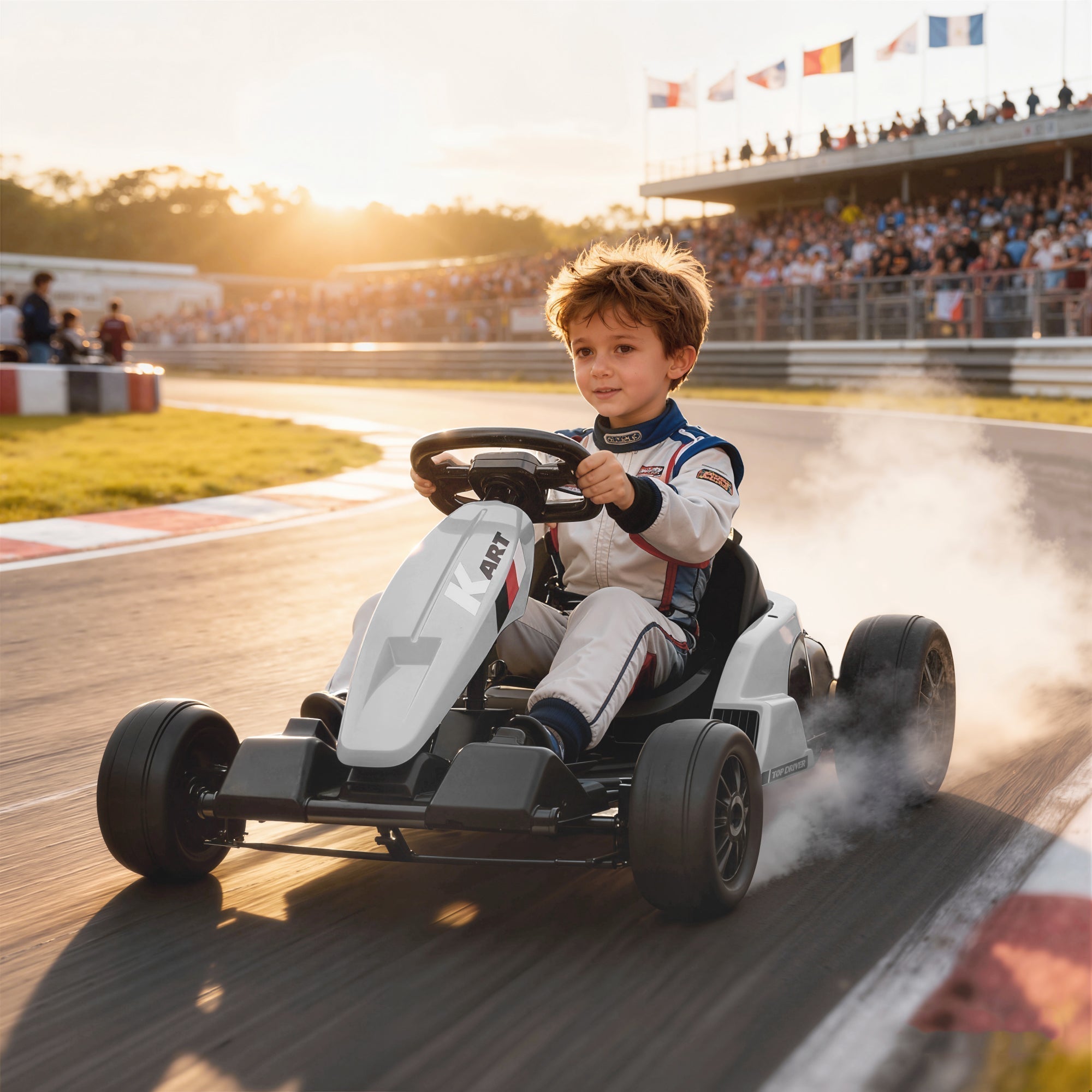 AIYAPLAY 24V Electric Go Kart, Drift Kart with Adjustable Seat, Slow Start, 5-Point Harness, Music, Horn, for 6-12 Years, White