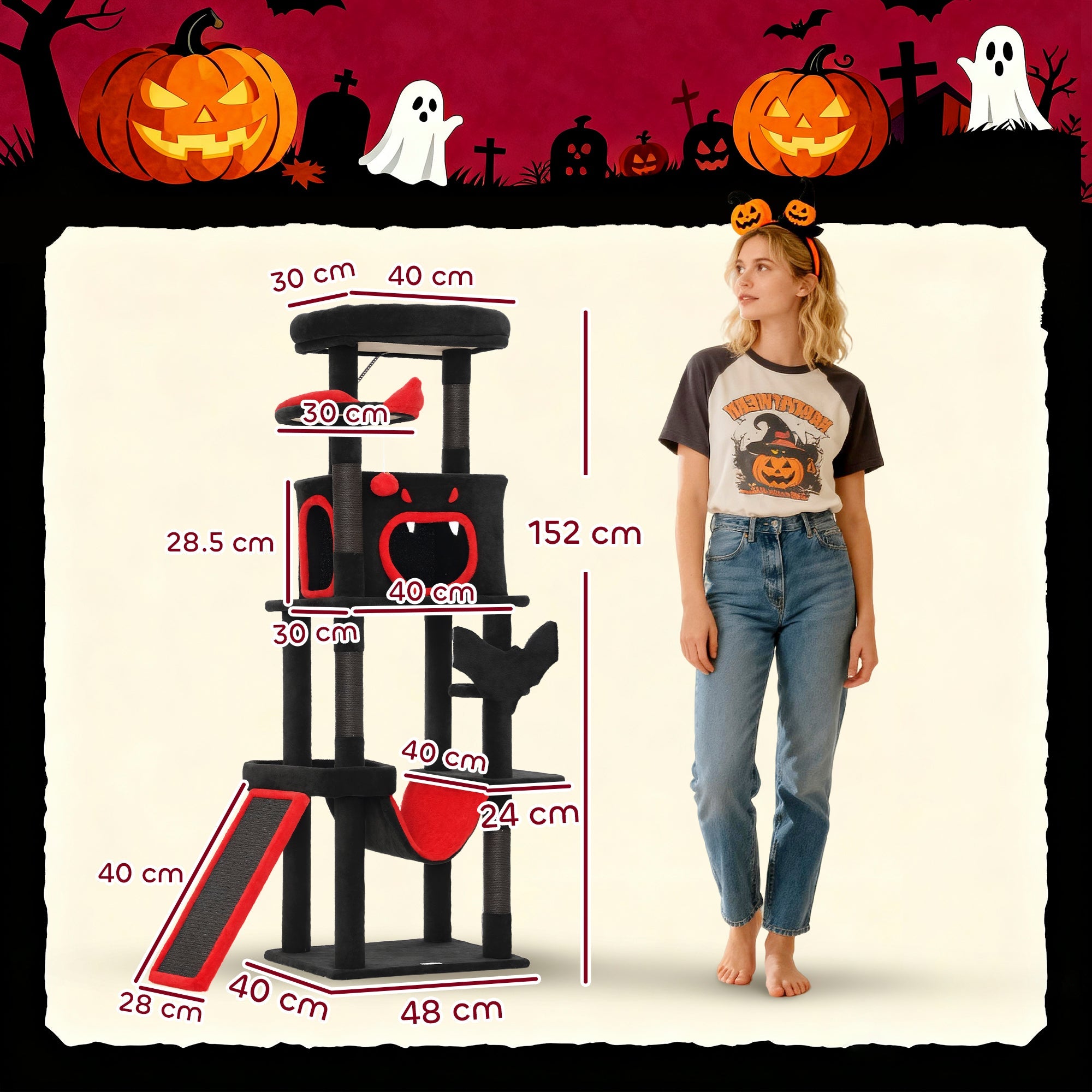 PawHut Gothic Cat Tree, 152 cm Multi-Level Cat Tower for Large Cats with Coffin Bed, Large Condo, for Halloween