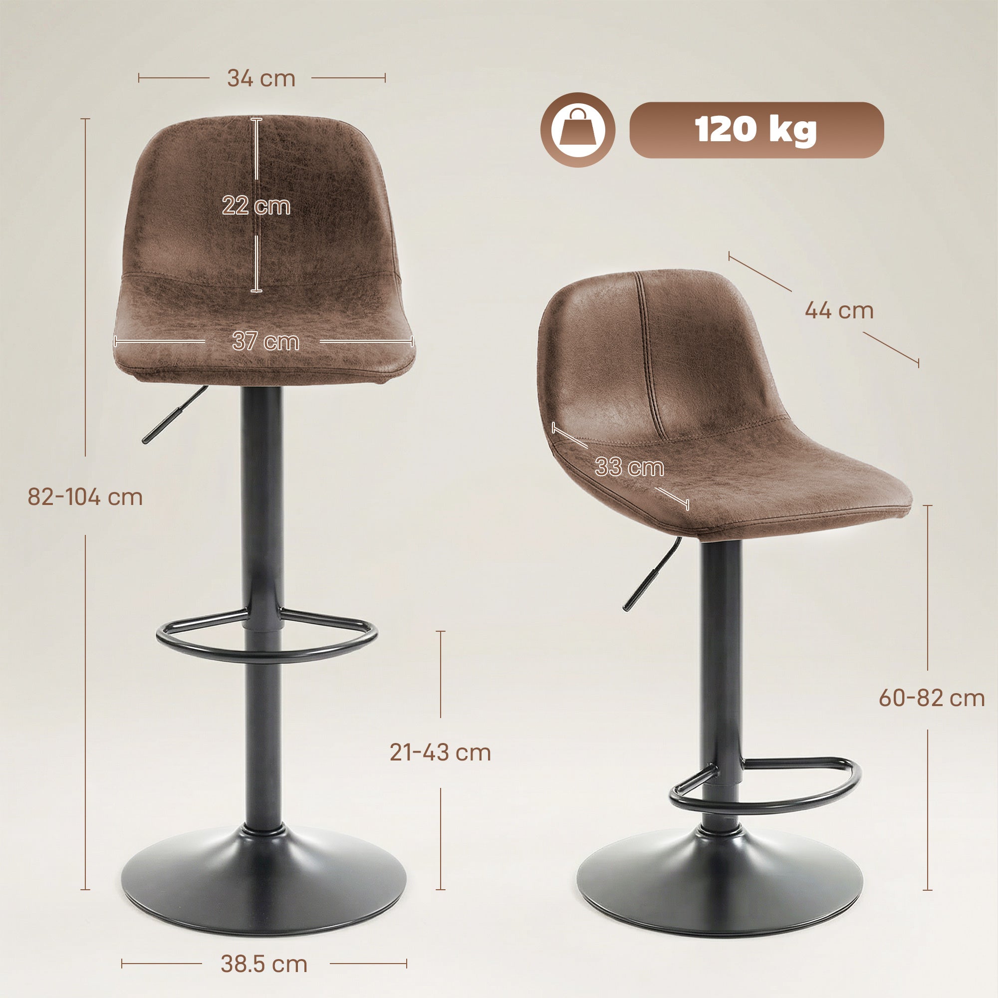 HOMCOM Bar Stools Set of 2, Modern Swivel Barstools with Footrest for Kitchen Island and Dining Room, Brown