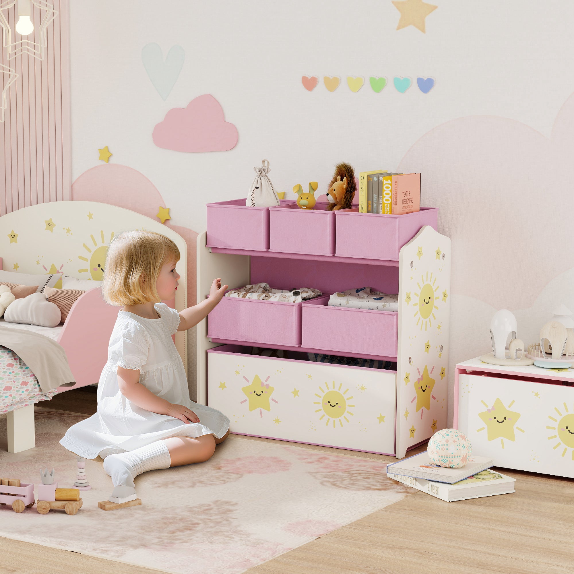 AIYAPLAY Kids Toy Storage Units, 3-Tier Toy Organiser Shelf with 6 Removable Boxes for Kids, Bedroom, Playroom, Pink