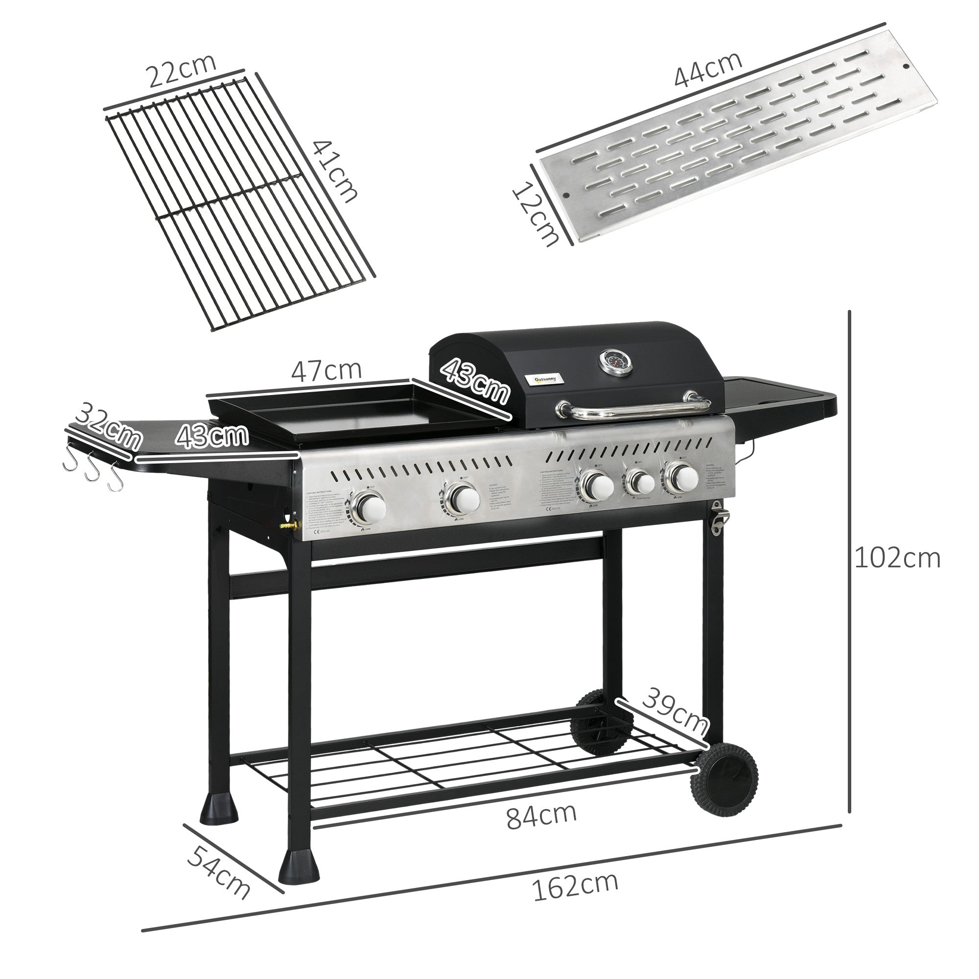 Outsunny 12kW Deluxe Duo Gas BBQ, with Grill, Plancha and Side Burner - Black