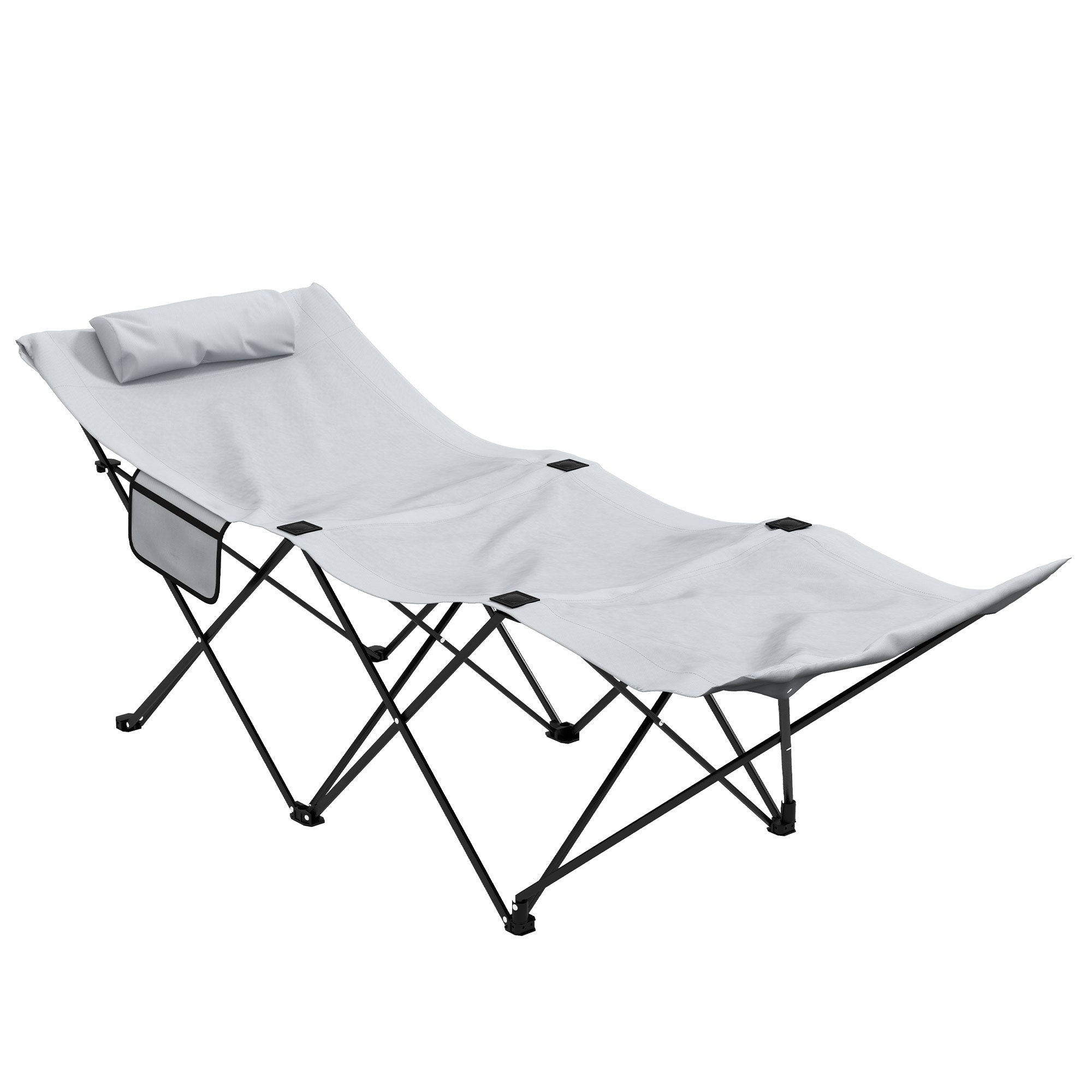 Outsunny Camping Bed for Adults, Single Folding Camp Bed, Portable Camping Cot with Side Pocket, Headrest and Oxford Seat for Outdoor, Travel, Fishing, Light Grey