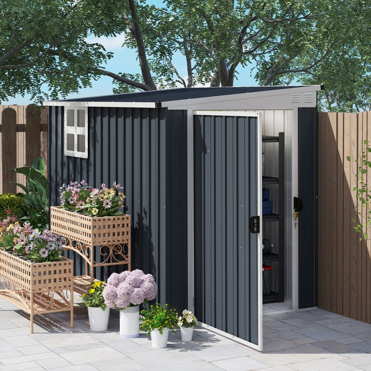 Outsunny 7.6 x 4ft Garden Metal Shed, Outdoor Storage Shed with Window, 2 Vents and Lockable Door for Garden, Patio, Dark Grey