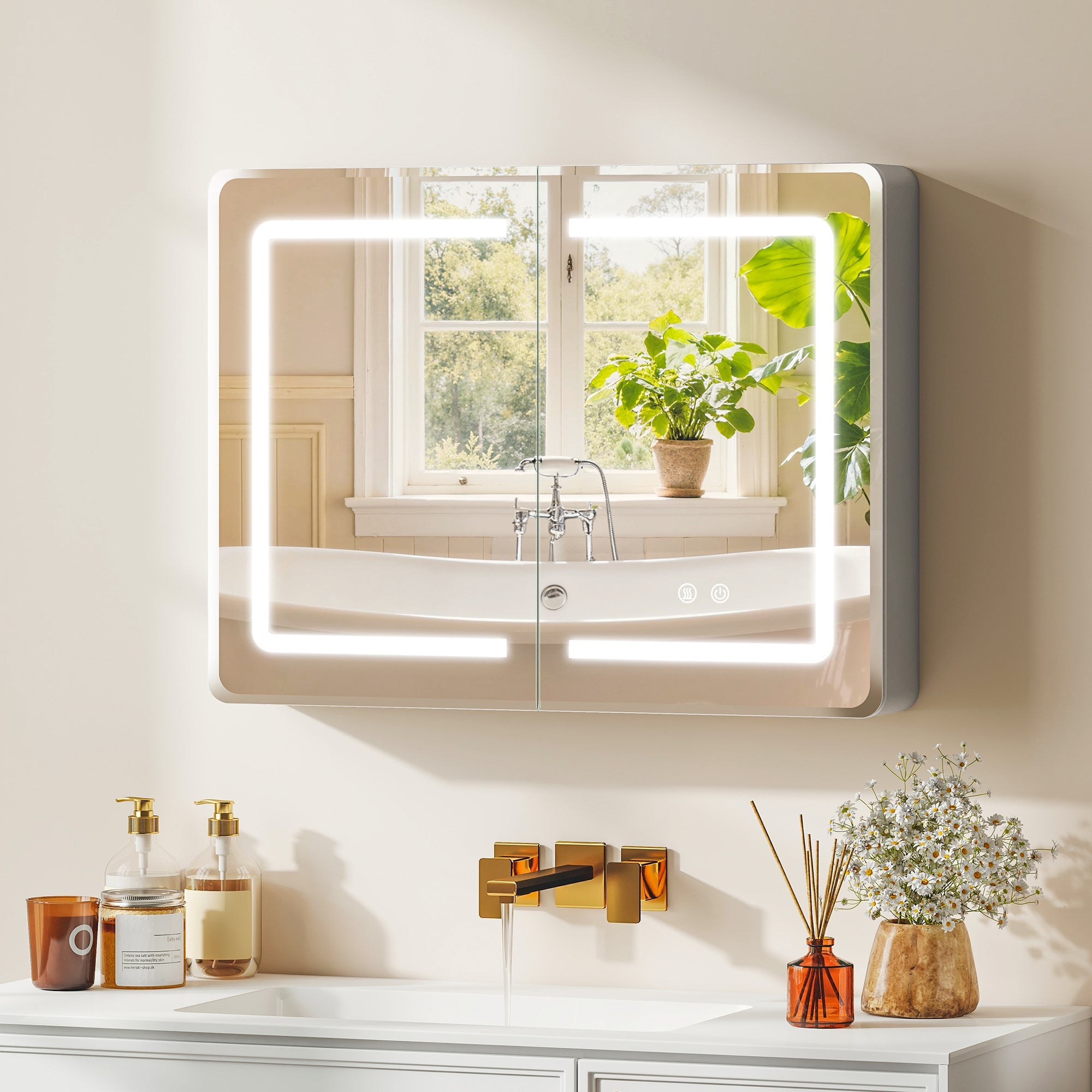 HOMCOM Mirrored Bathroom Cabinet with LED Lights, 60 x 80 cm Bathroom Mirror Cabinet with Anti-Fog, 3 Colour Dimmable Lighting