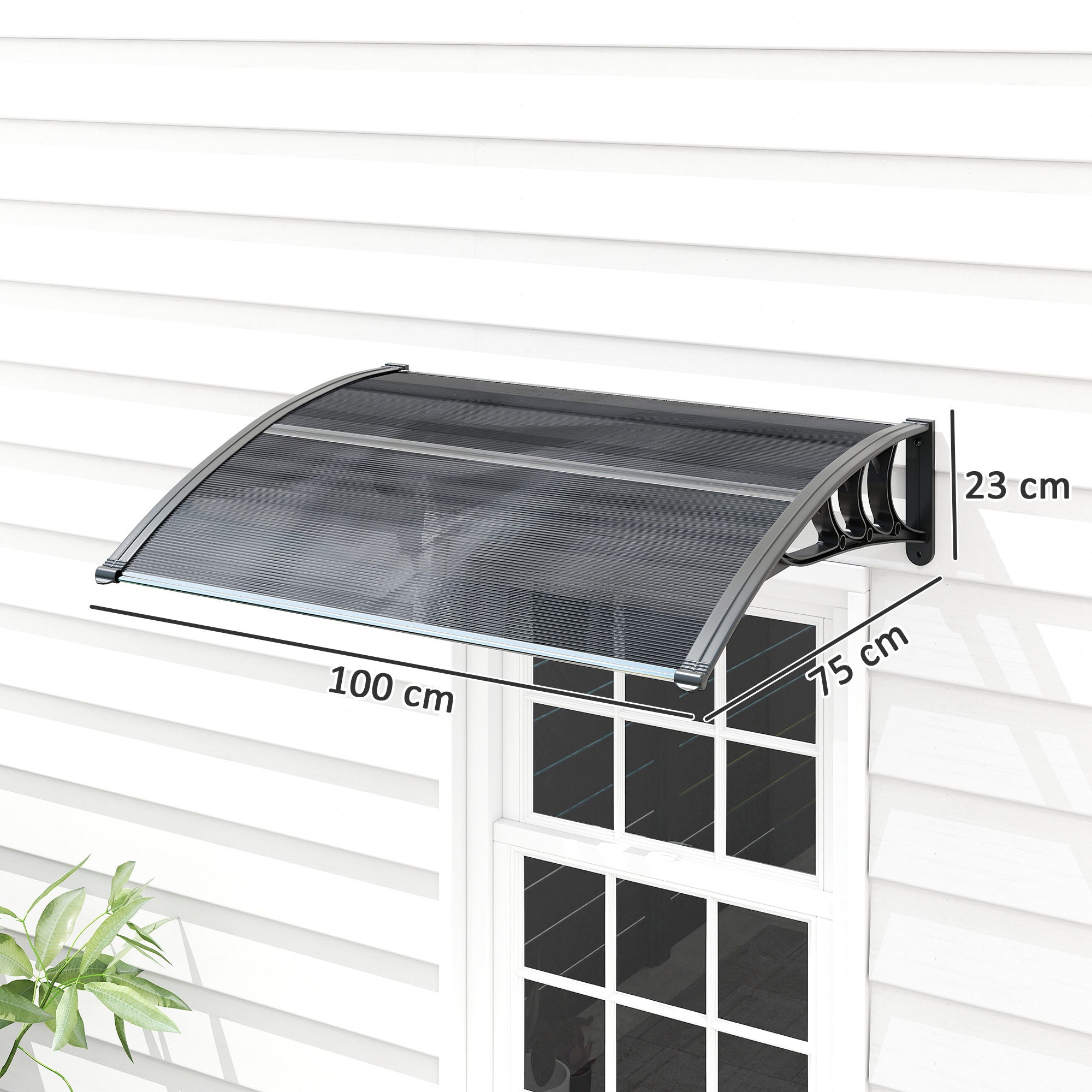 Outsunny Front Door Canopy Outdoor Awning Aluminium Rigid Plastic Polycarbonate Rain Shelter UV Water Rain Resistant 100 x 75cm Black