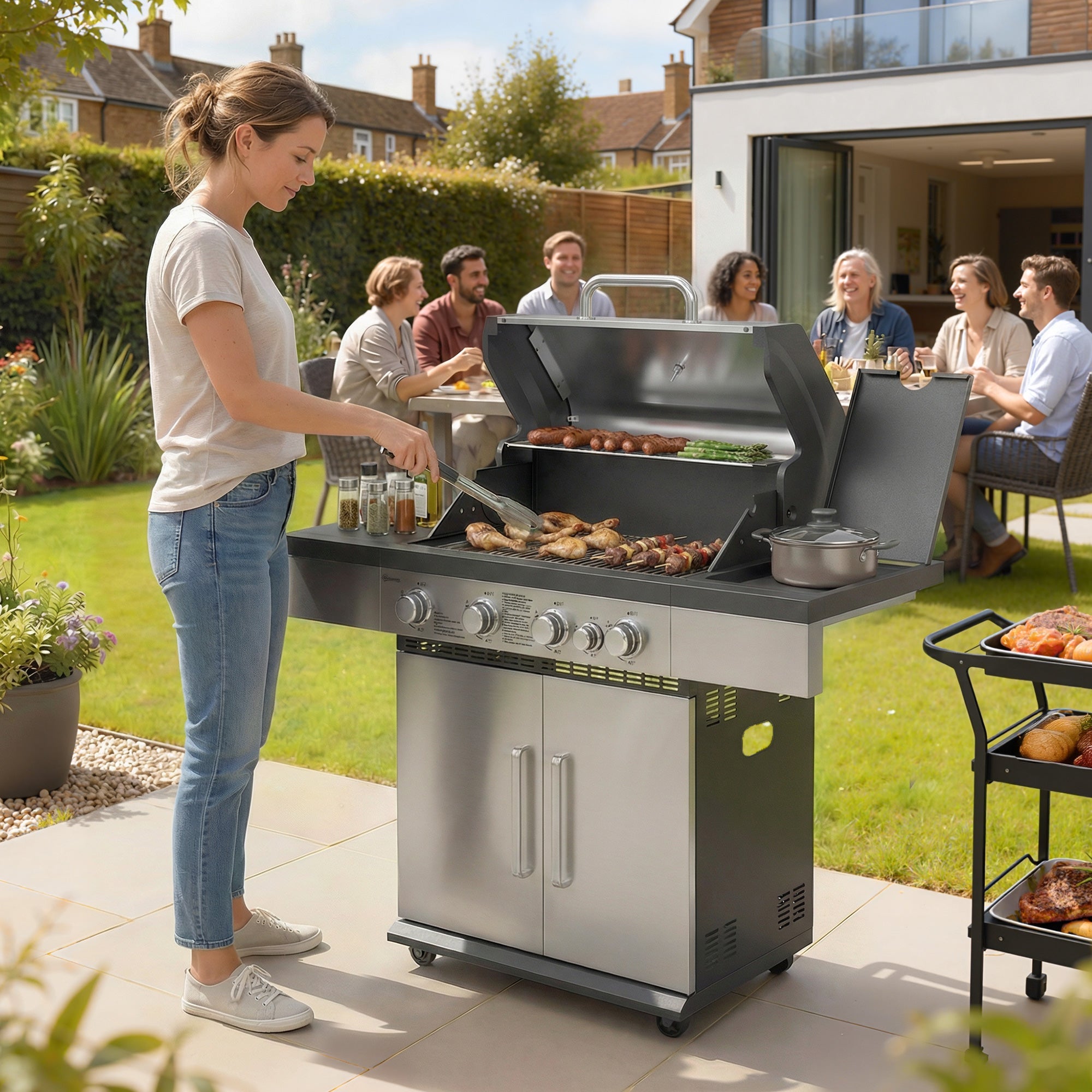 Outsunny 4+1 Burner Gas BBQ Grill, Portable Gas Barbecue Grill with Side Burner, Warming Rack, Side Shelf, Storage Cabinet