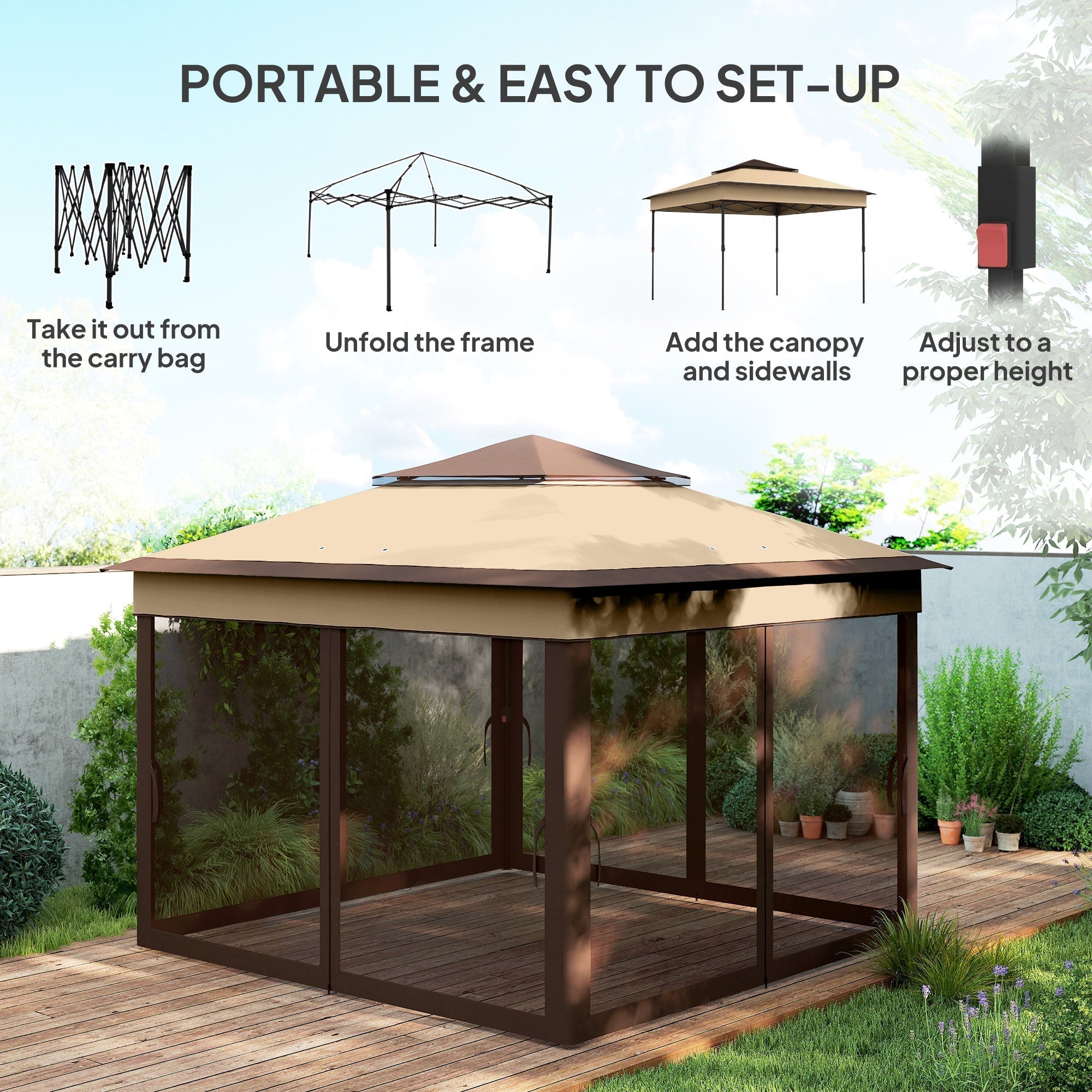 Outsunny 3 x 3(m) Pop Up Gazebo, Height Adjustable Instant Event Shelter with Netting and Carrying Bag, Beige