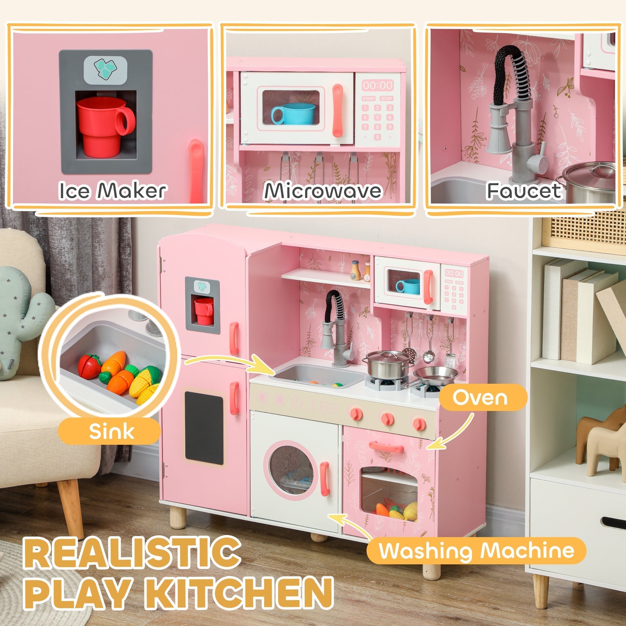 AIYAPLAY Play Kitchen, Kids Kitchen Set with Lights and Sounds, Double Stoves, Ice Maker, Chalkboard for 3+ Years, Pink
