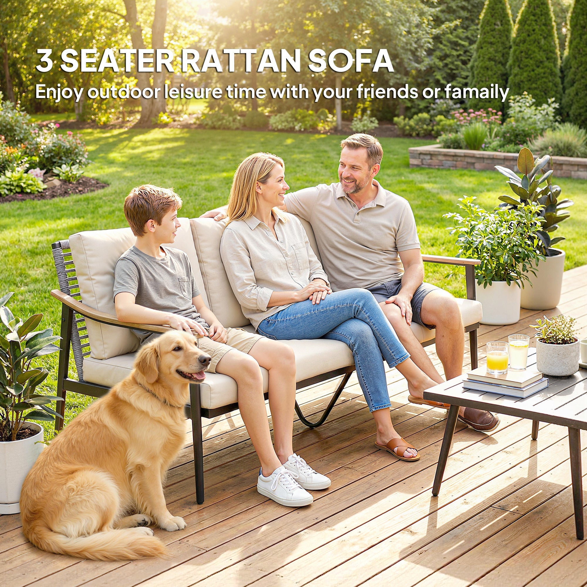 Outsunny 3 Seater Rattan Sofa, Outdoor Garden Sofa with Wood-Effect Armrests, Cushions for Patio, Balcony, Khaki