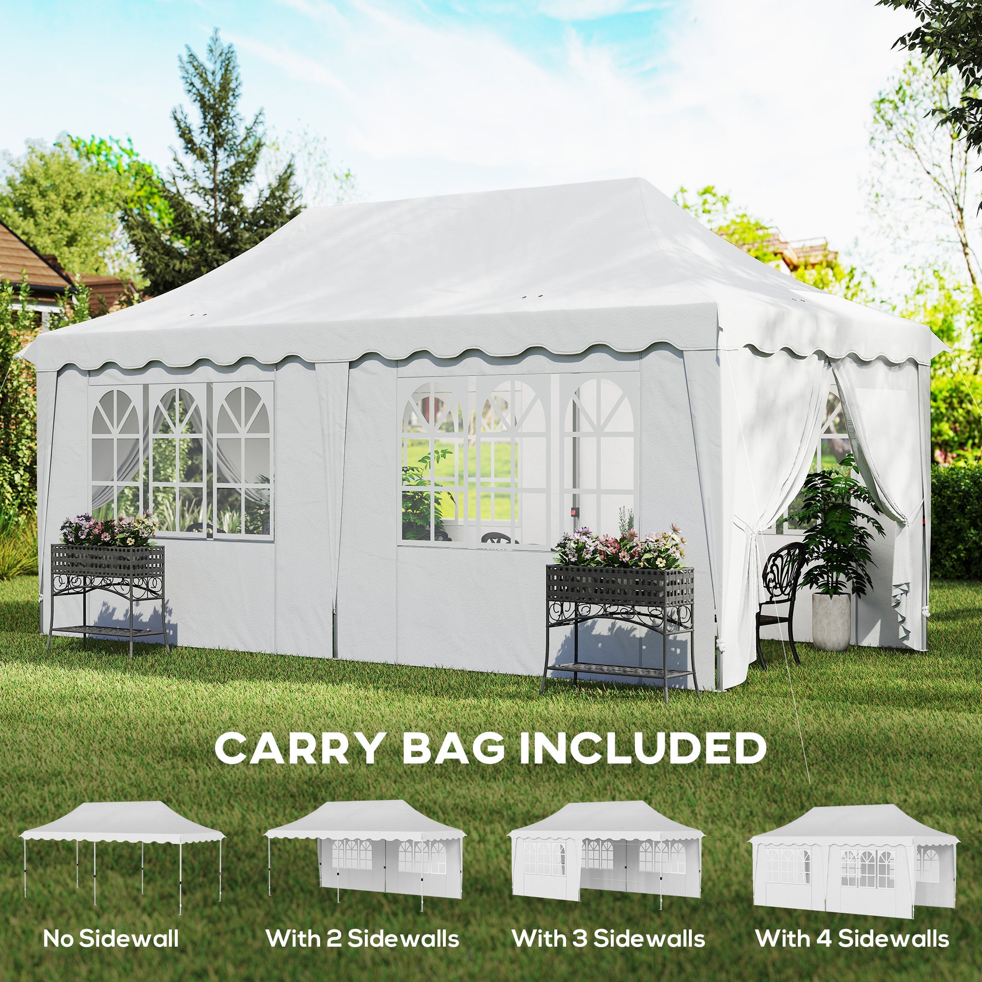 Outsunny 3 x 6m Pop Up Gazebo with Sides, UPF50+ Height Adjustable Marquee Party Tent, Wedding Canopy, Instant Event Shelter with Carry Bag and Sand Bags for Garden, White