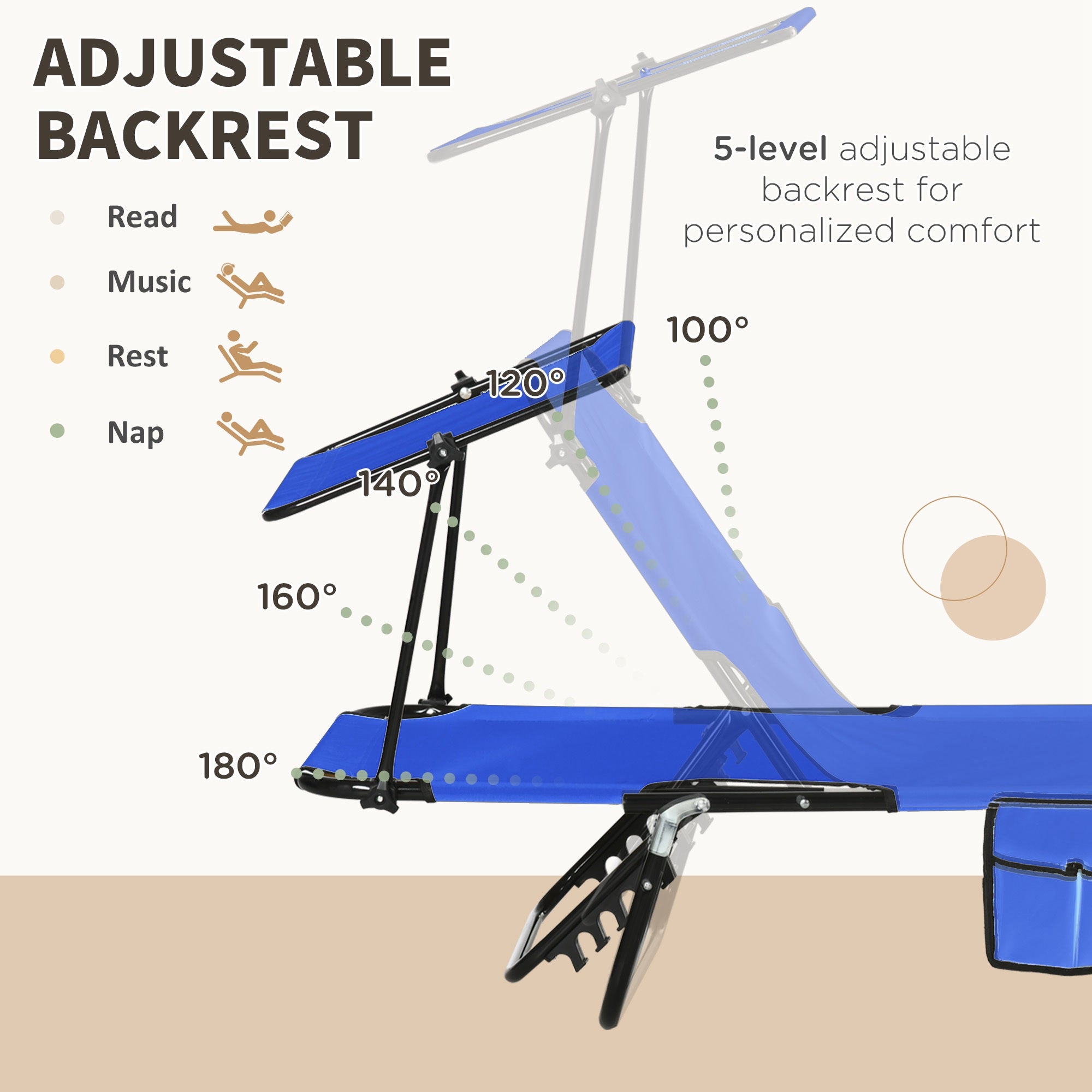 Outsunny Set of Two Folding Sun Loungers, with Adjustable Backs and Sun Canopies - Blue