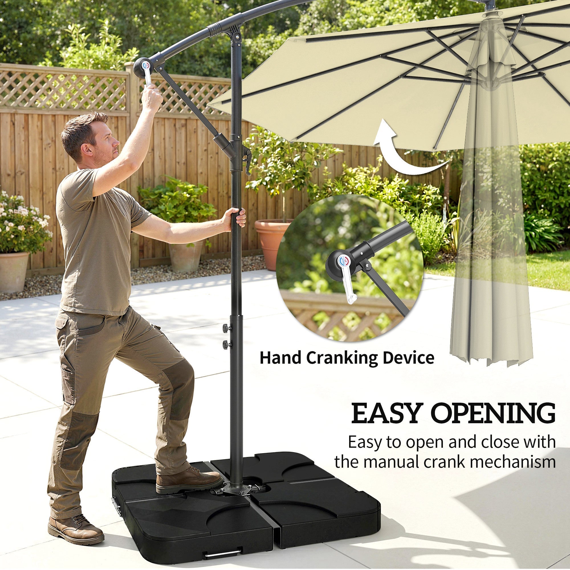 Outsunny 3m Overhanging Parasol, with Base, Weights and Cover - Sand brown
