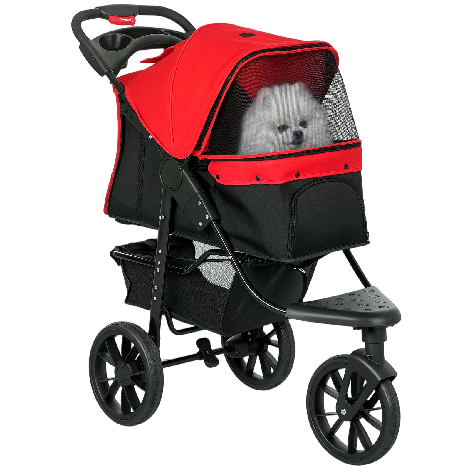PawHut Dog Stroller Foldable Pet Pram for Small Miniature Breeds, Cats, 3 Wheels Dog Pushchair with Brake, Cupholder, Red