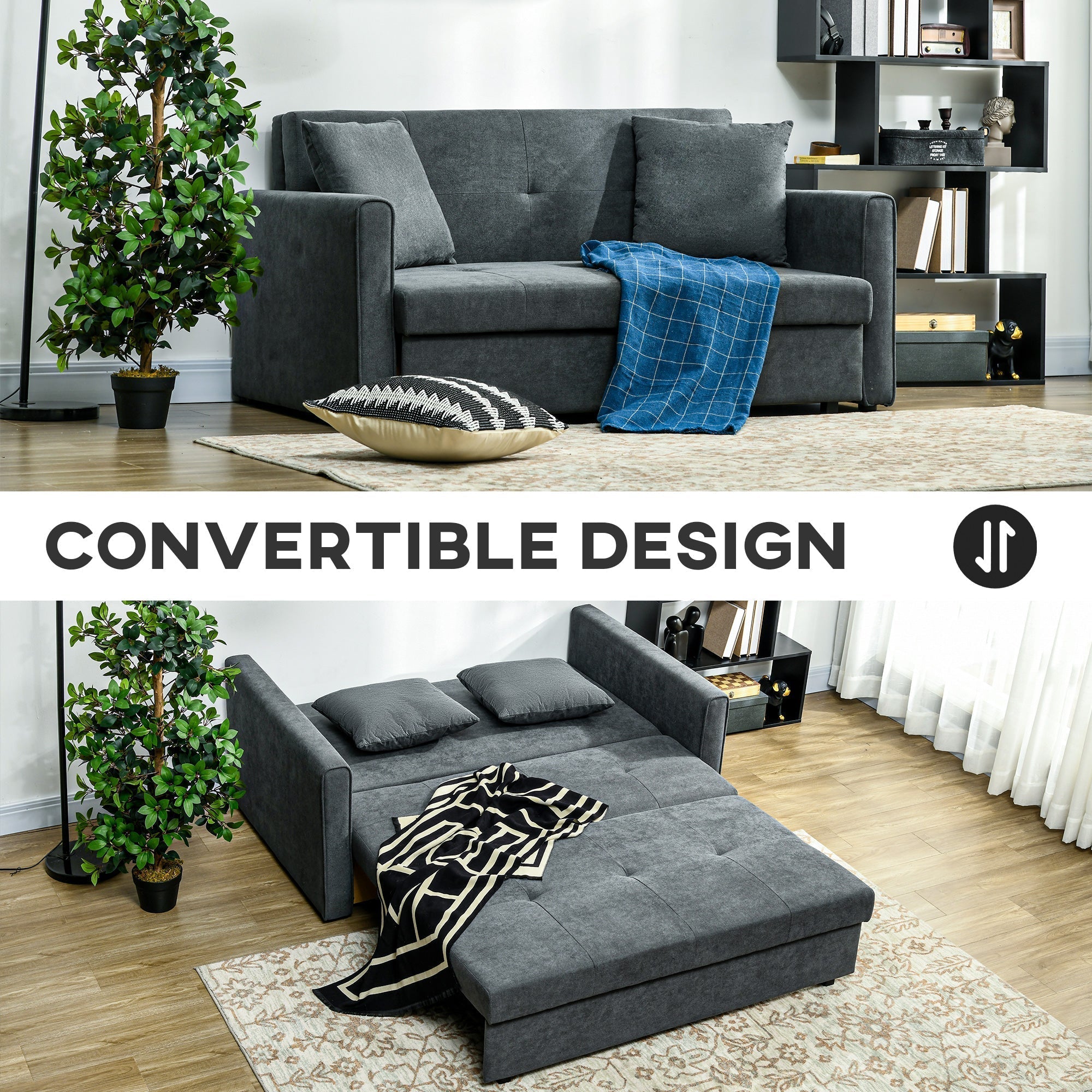 HOMCOM 2 Seater Sofa Bed, Convertible Bed Settee, Modern Velvet Loveseat Sofa Couch with 2 Cushions, Hidden Storage for Living Room, Guest Room, Dark Grey