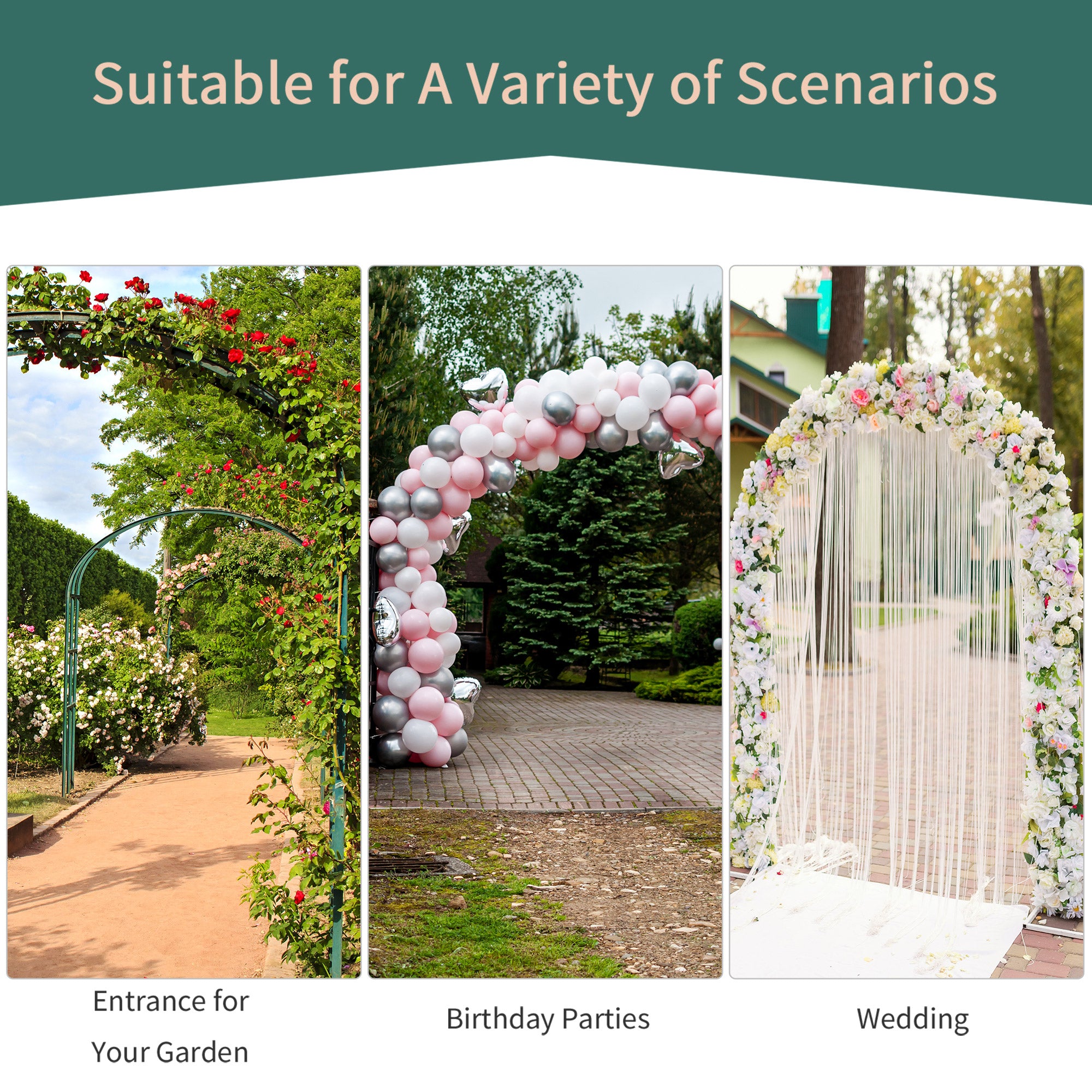 Outsunny Metal Garden Arch Trellis, Decorative Arbour Archway for Walkway Path Ceremony Wedding Party, 120 x 30 x 226cm