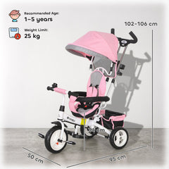HOMCOM 6 in 1 Kids Trike Push Bike w/ Push Handle, Canopy, 5-point Seat Belt, Storage, Footrest, Brake, for 1-5 Years, Pink