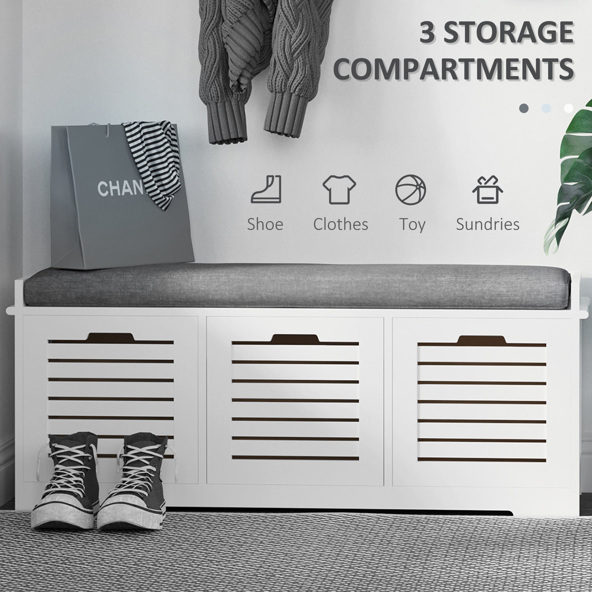 HOMCOM 3-Drawer Shoe Storage Bench - White
