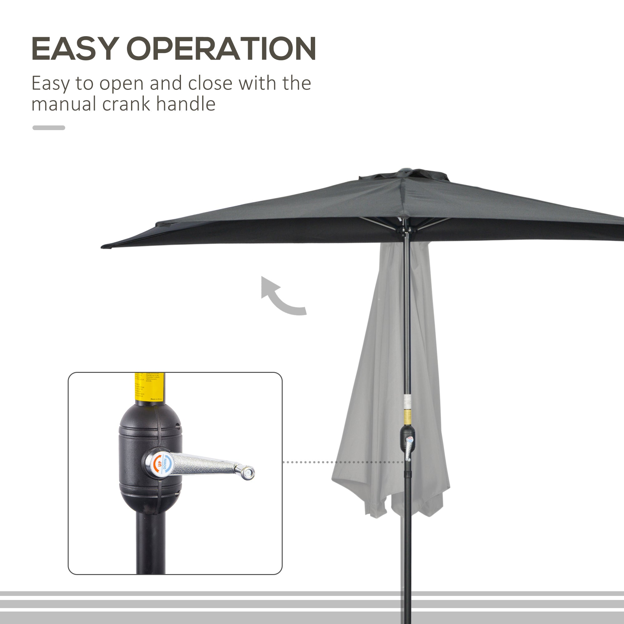 Outsunny 3(m) Half Parasol, Semi Round Umbrella with Metal Frame, Crank Handle for Balcony, Garden, Black