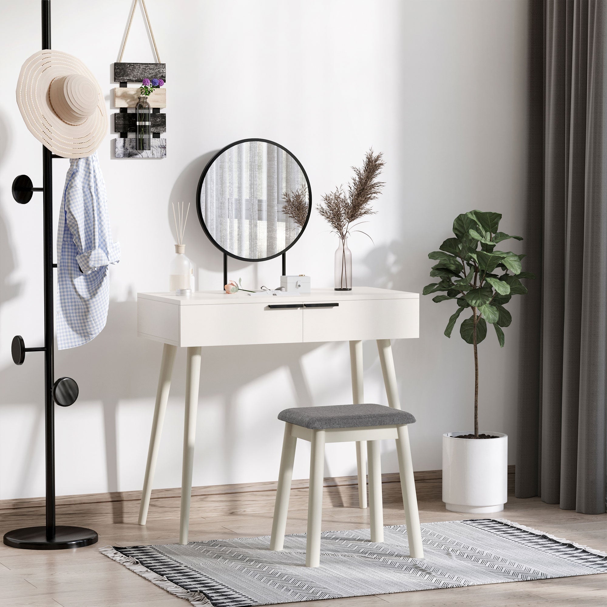 HOMCOM Dressing Table with Mirror and Stool, Vanity Makeup Desk Set with 2 Drawers, Cushioned Stool and Make-up Organiser for Bedroom and Dressing Room, 80 x 40 x 123 cm, White