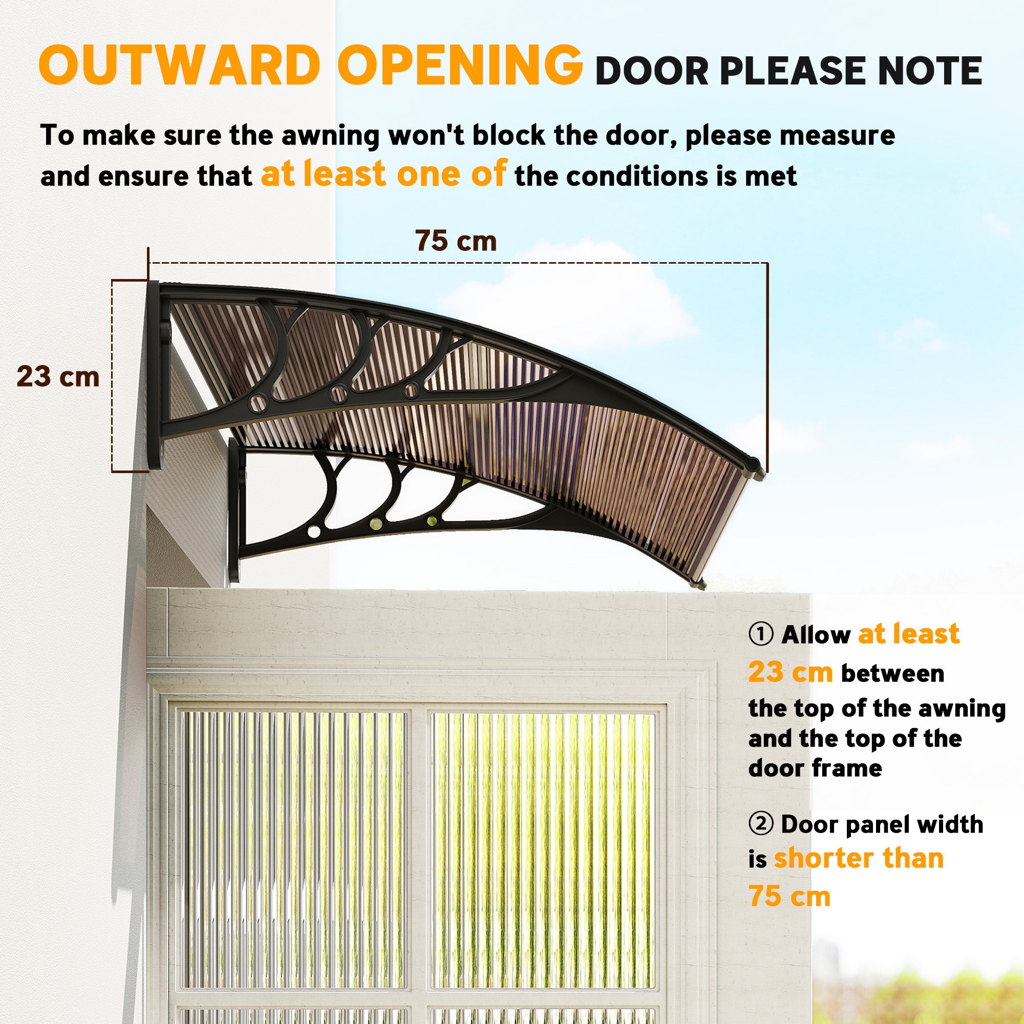 Outsunny Front Door Canopy Outdoor Awning Aluminium Rigid Plastic Polycarbonate Rain Shelter UV Water Rain Resistant 100 x 75cm Brown