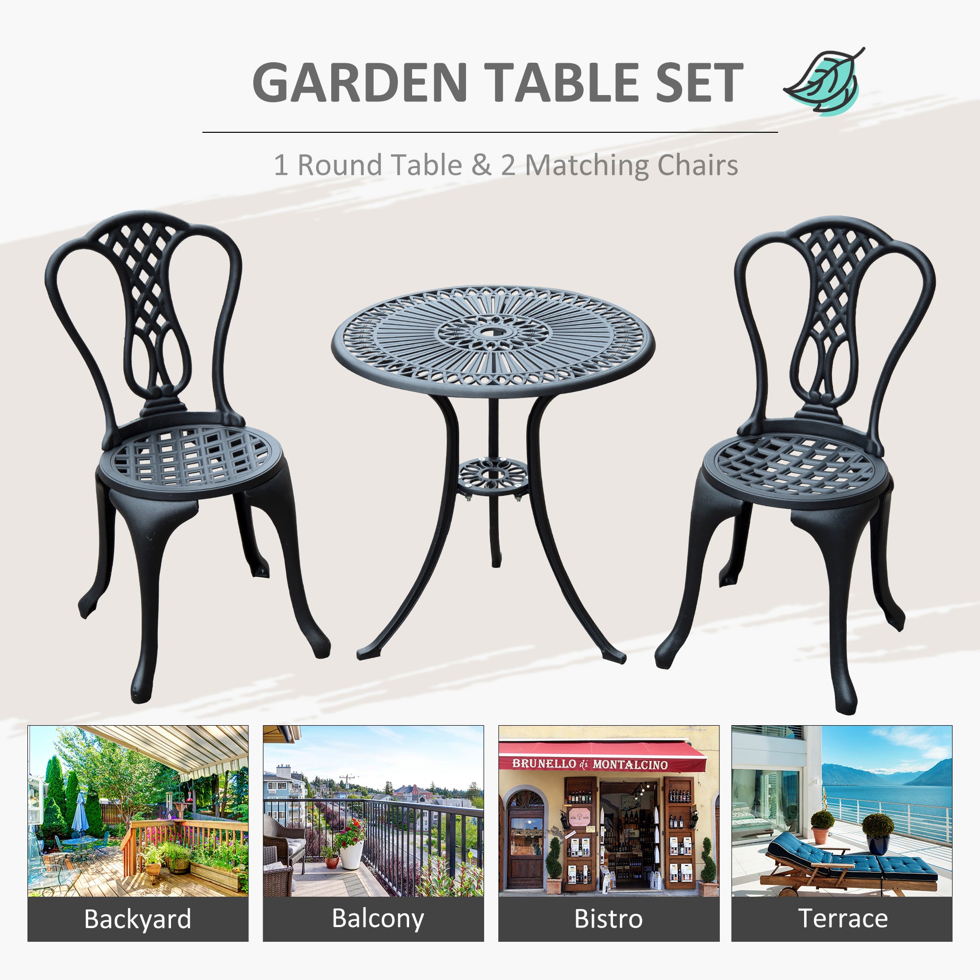 Outsunny 3 Piece Patio Cast Aluminium Bistro Set Garden Outdoor Furniture Table and Chairs Shabby Chic Style