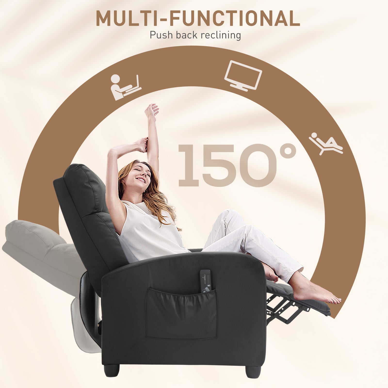 HOMCOM Massage Recliner Armchair with 150° Recline, Faux Leather, Side Pocket, Black