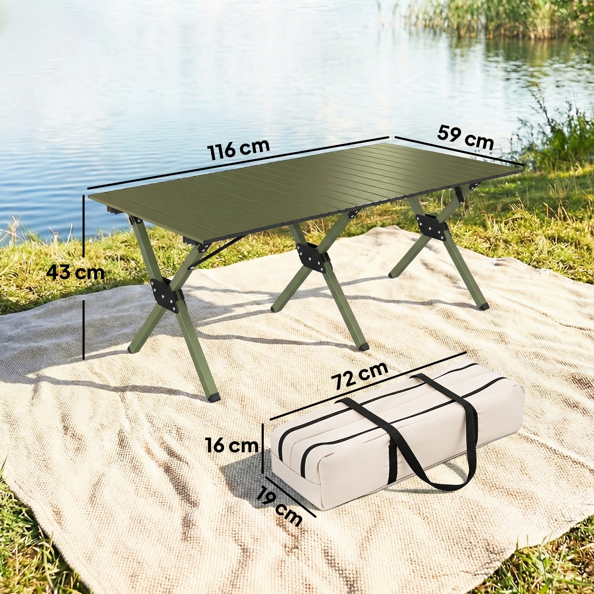 Outsunny 4ft Folding Camping Table, Waterproof Picnic Table with Roll Up Top and Metal Frame, Green