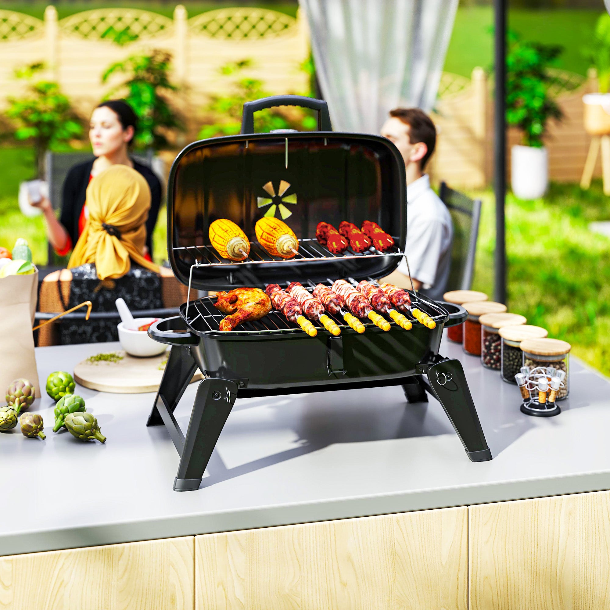 Outsunny Charcoal Barbecue Grill Folding BBQ Grill with 1232 cm√Ç¬≤ Cooking Area, Adjustable Vent, Thermometer, Handles for Camping Picnic, Black
