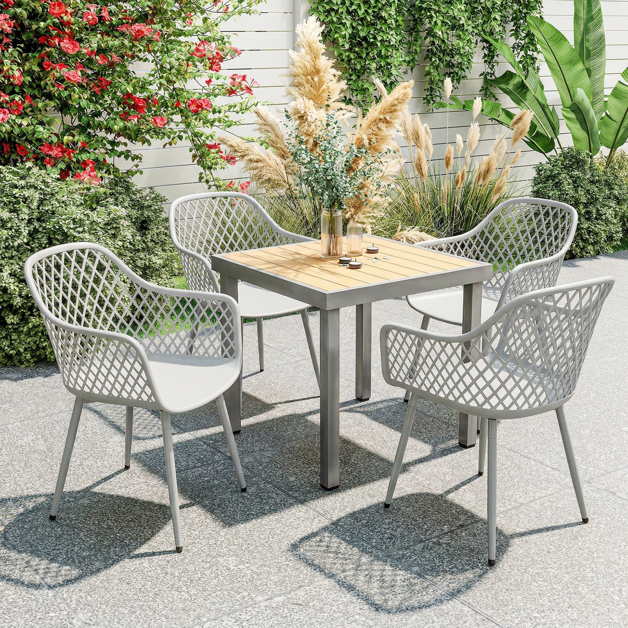 Outsunny Garden Chairs Set of 4, Garden Dining Chairs with Cut Out Diamond Back and Armrests for Patio, Balcony, Terrace, Grey