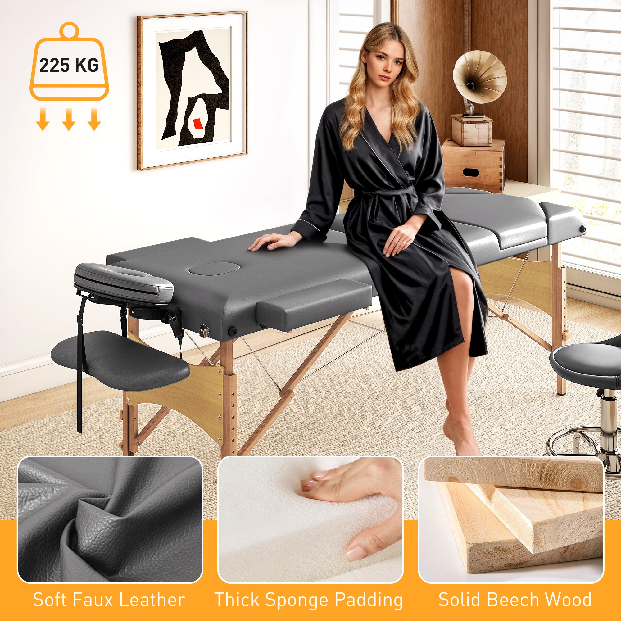 HOMCOM Foldable Massage Table with Beech Wood Legs - Grey