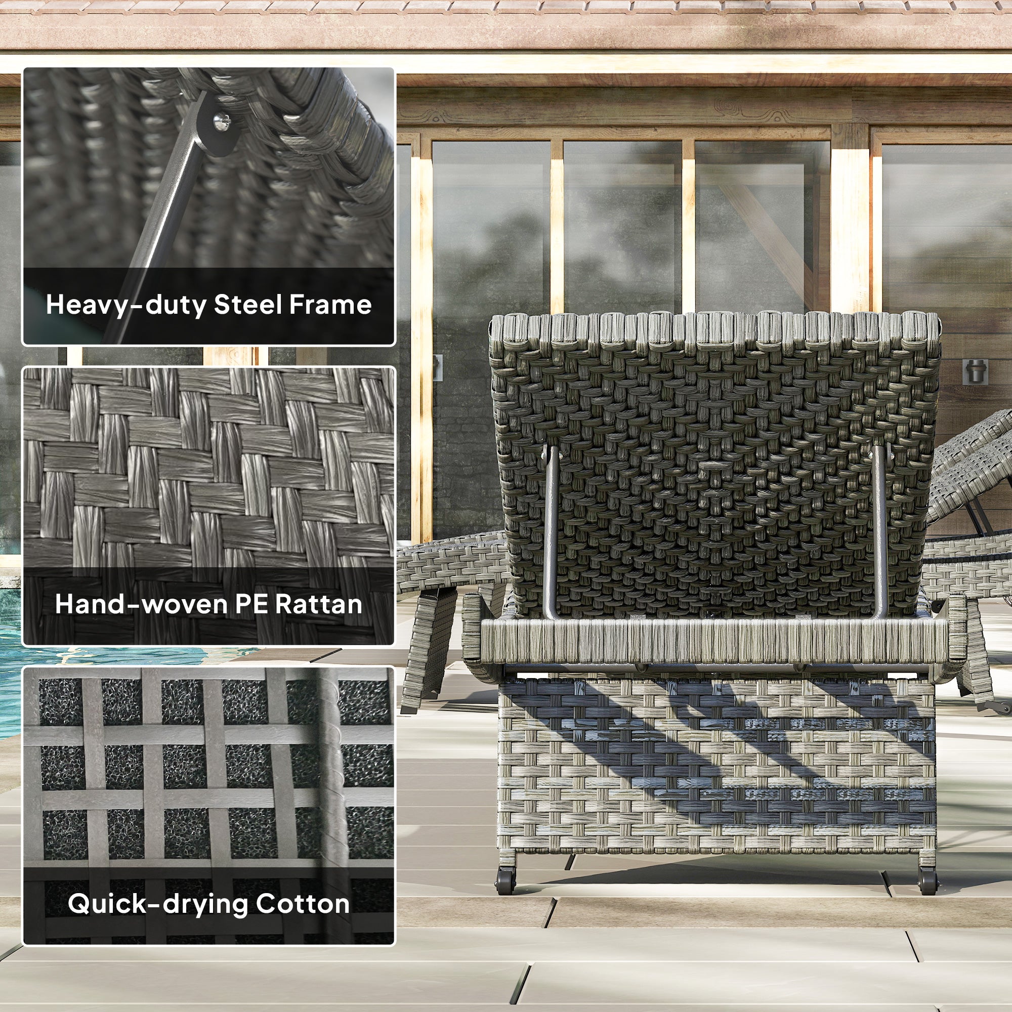 Outsunny Outdoor PE Rattan Sun Lounger, Folding Wicker Garden Lounger Recliner with 4-Level Adjustable Backrest, Rolling Sunbed Lounge Chair with Wheels, Non-Slip Legs for Balcony, Beach, Mixed-grey