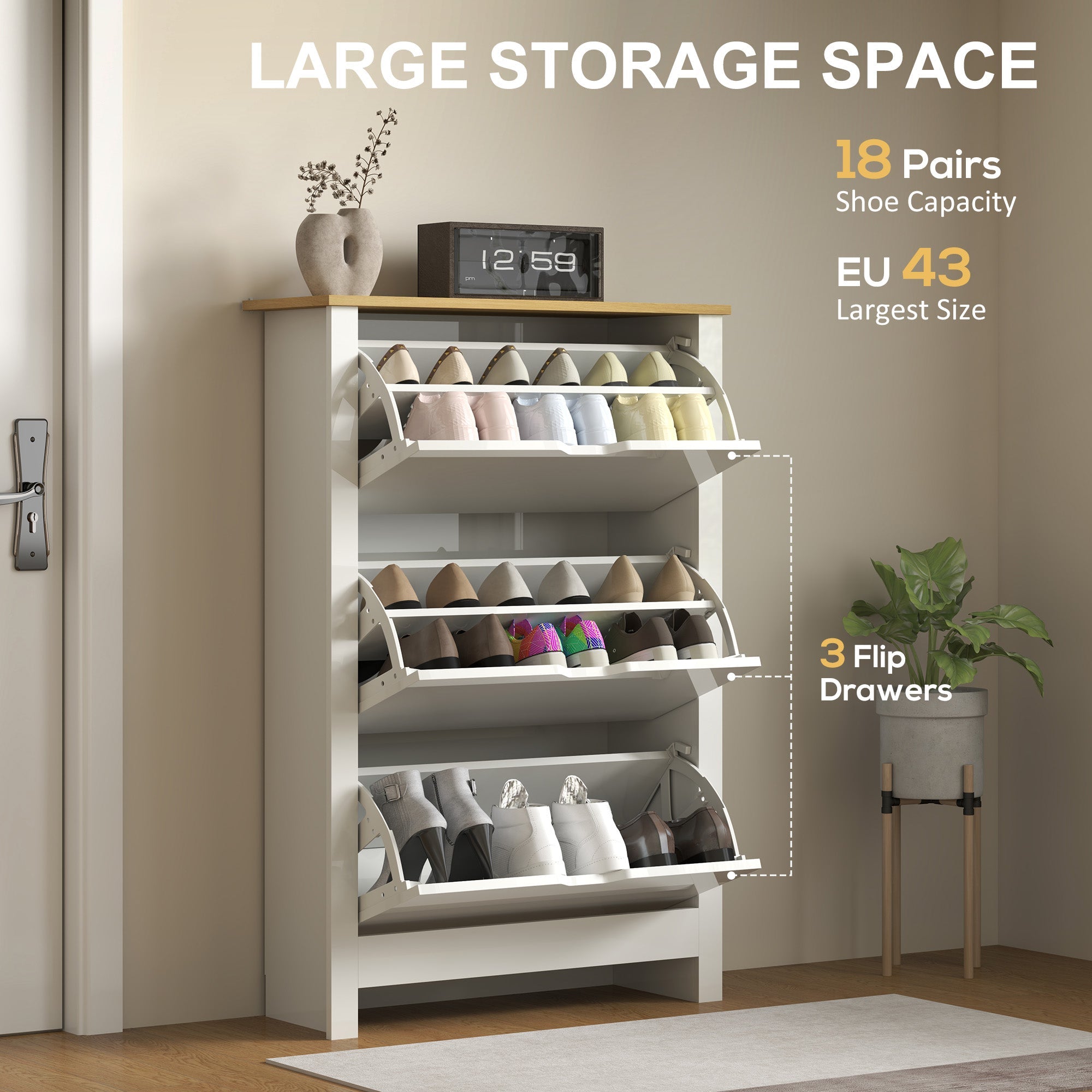 HOMCOM Slim Shoe Cabinet, Narrow Shoe Cupboard with 3 Flip Drawers, Adjustable Shelves for 18 Pairs of Shoes, High Gloss White