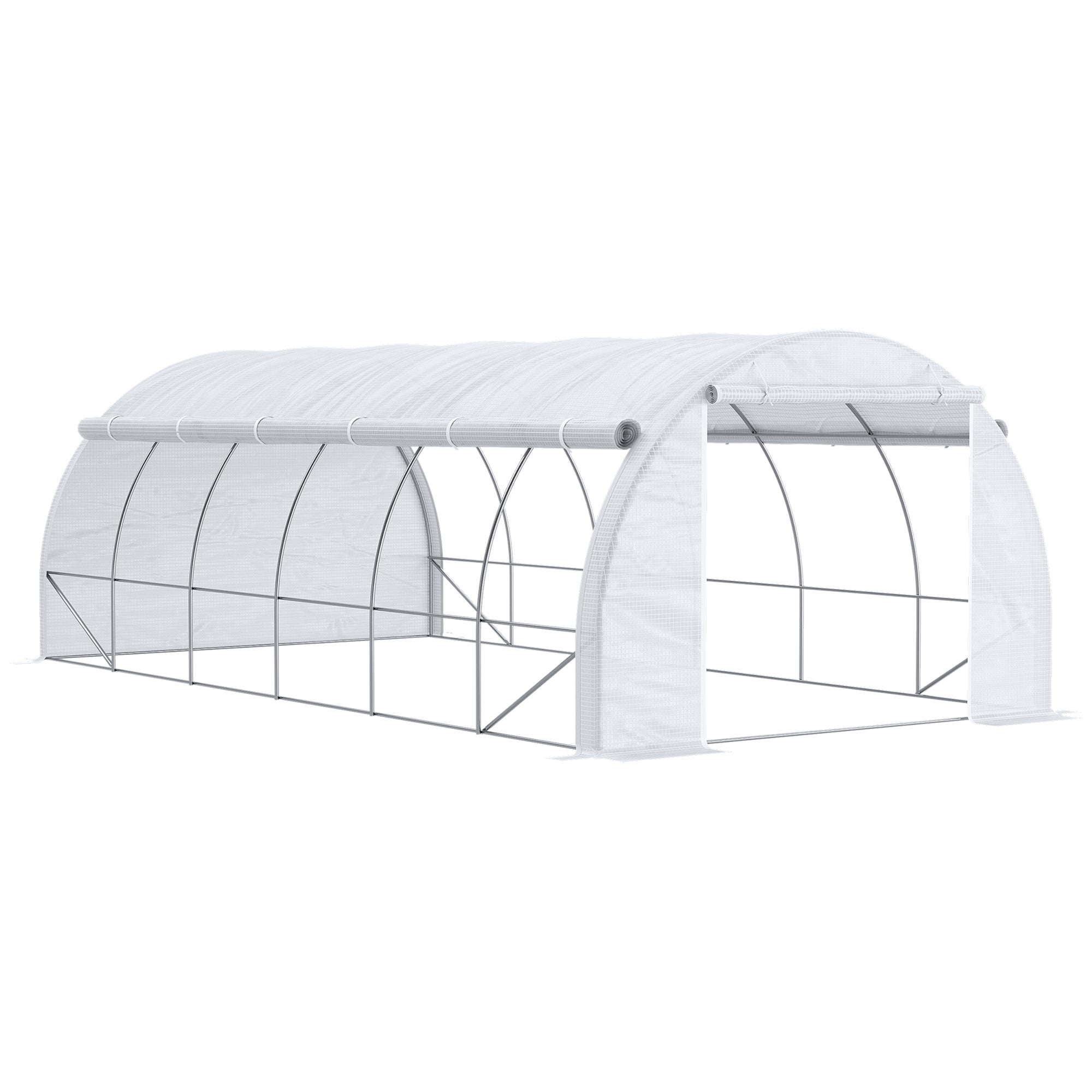 Outsunny 6 x 3 x 2 m Polytunnel Greenhouse with Roll-up Side Walls, Walk-in Grow House Tent with Steel Frame, Reinforced Cover, Zipped Door and 12 Mesh Windows for Garden, White