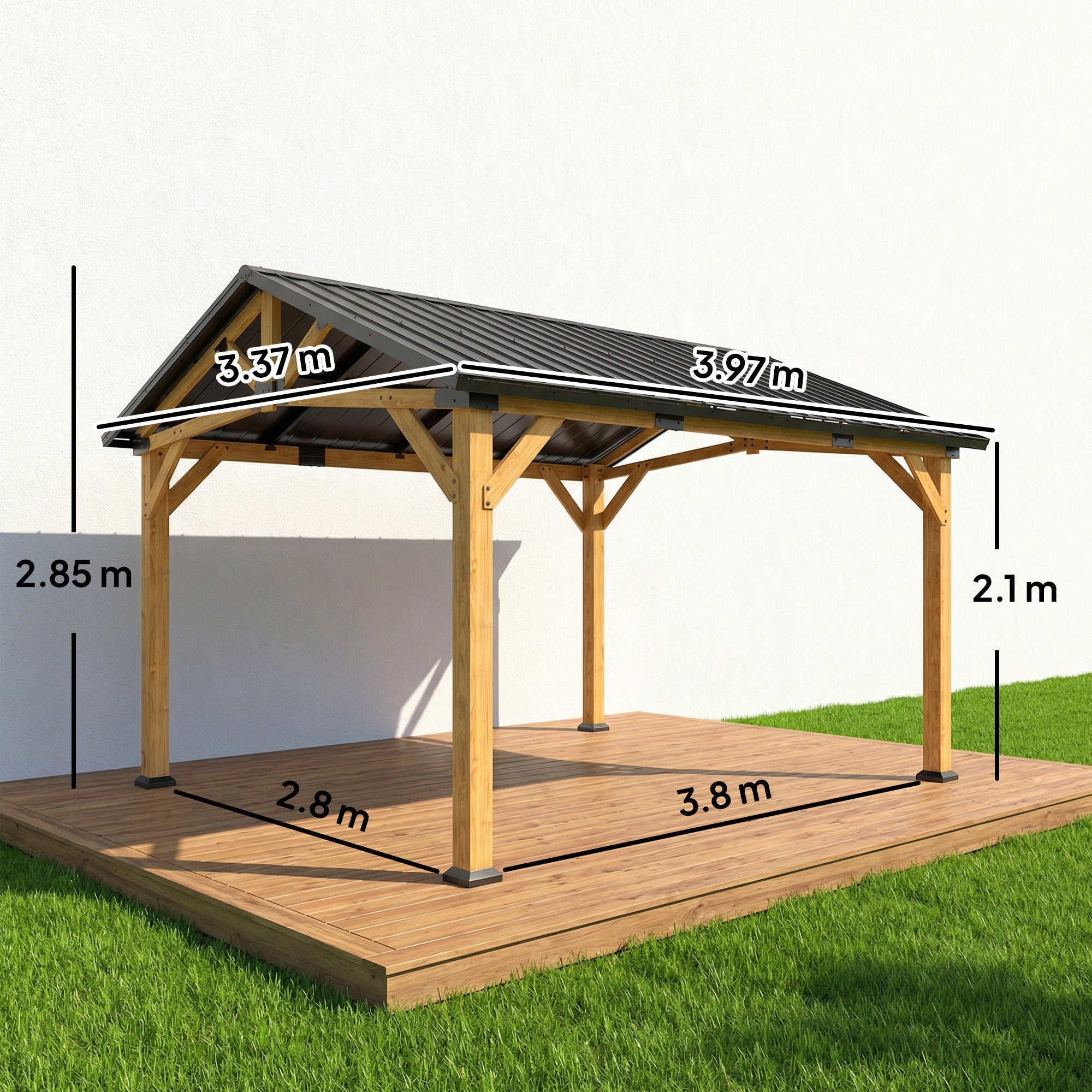 Outsunny 3.5 x 4 m Hardtop Gazebo Canopy with Galvanised Metal Roof, Fir Wood Frame and Hook for Patio, Garden, Black Grey