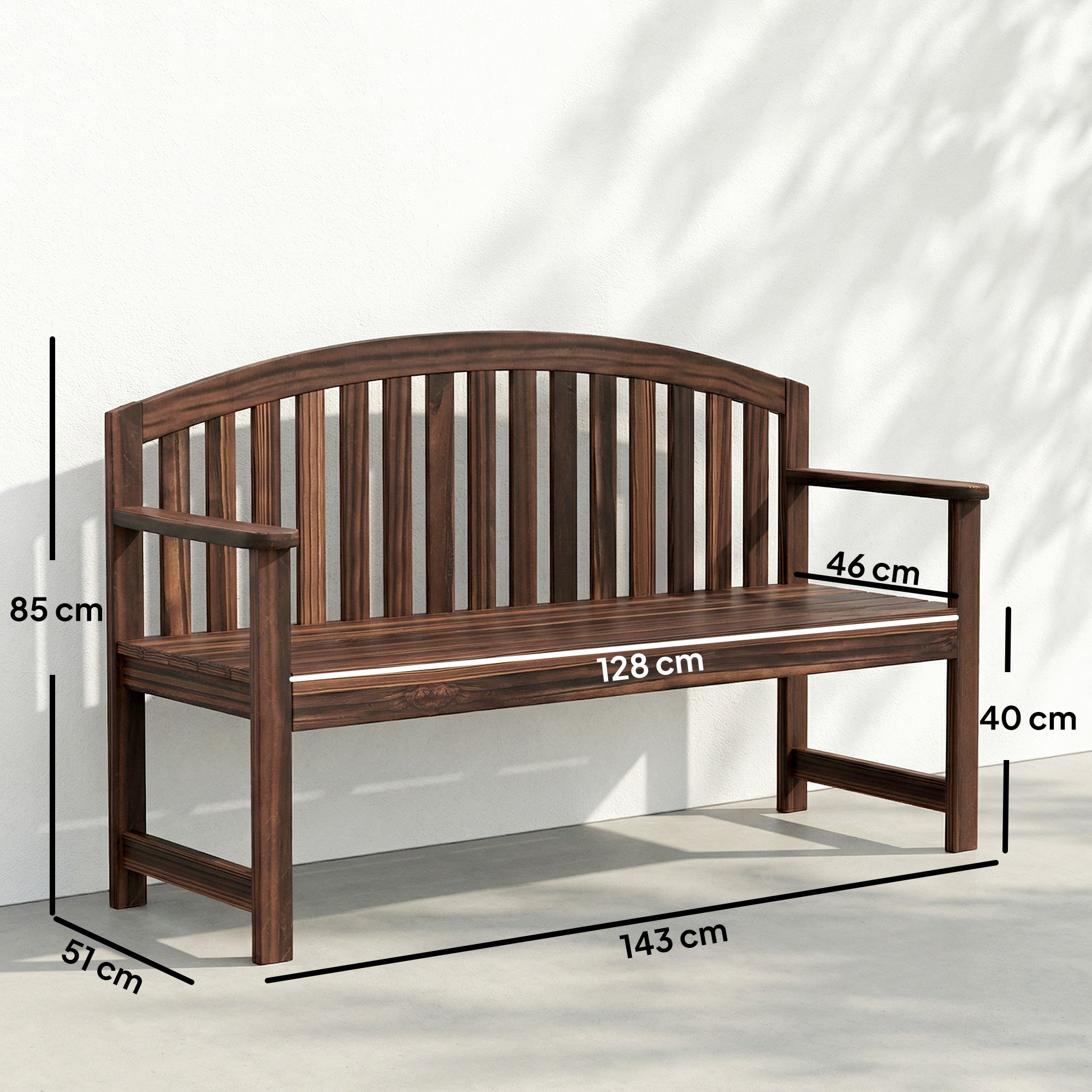 Outsunny 2 Seater Wooden Garden Bench with Armrest, Outdoor Furniture Chair for Park, Balcony, Carbonised Finish