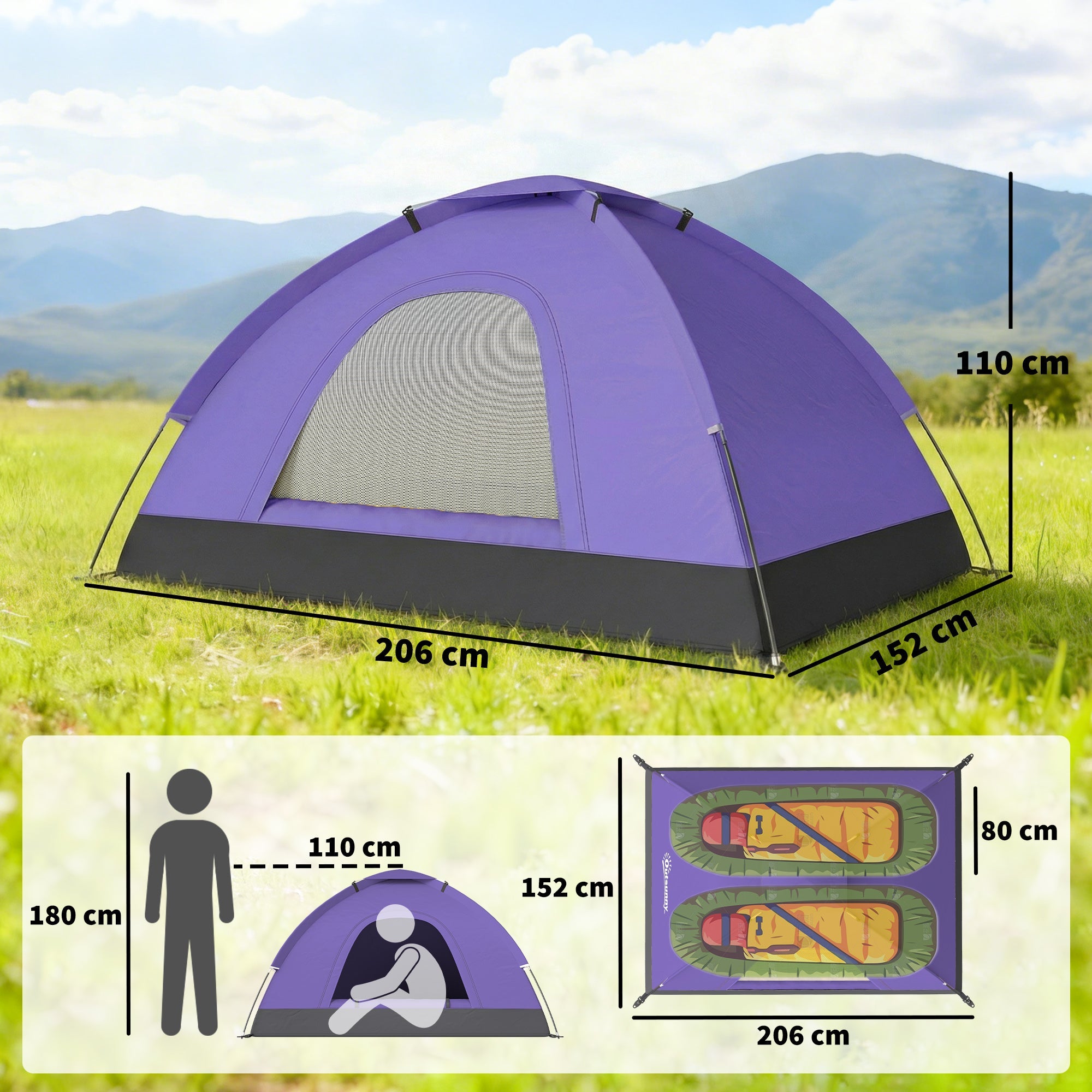 Outsunny 2 Person Camping Tent, Dome Tent with Zipped Doors, Storage Pocket, Portable Handy Bag, Light Purple