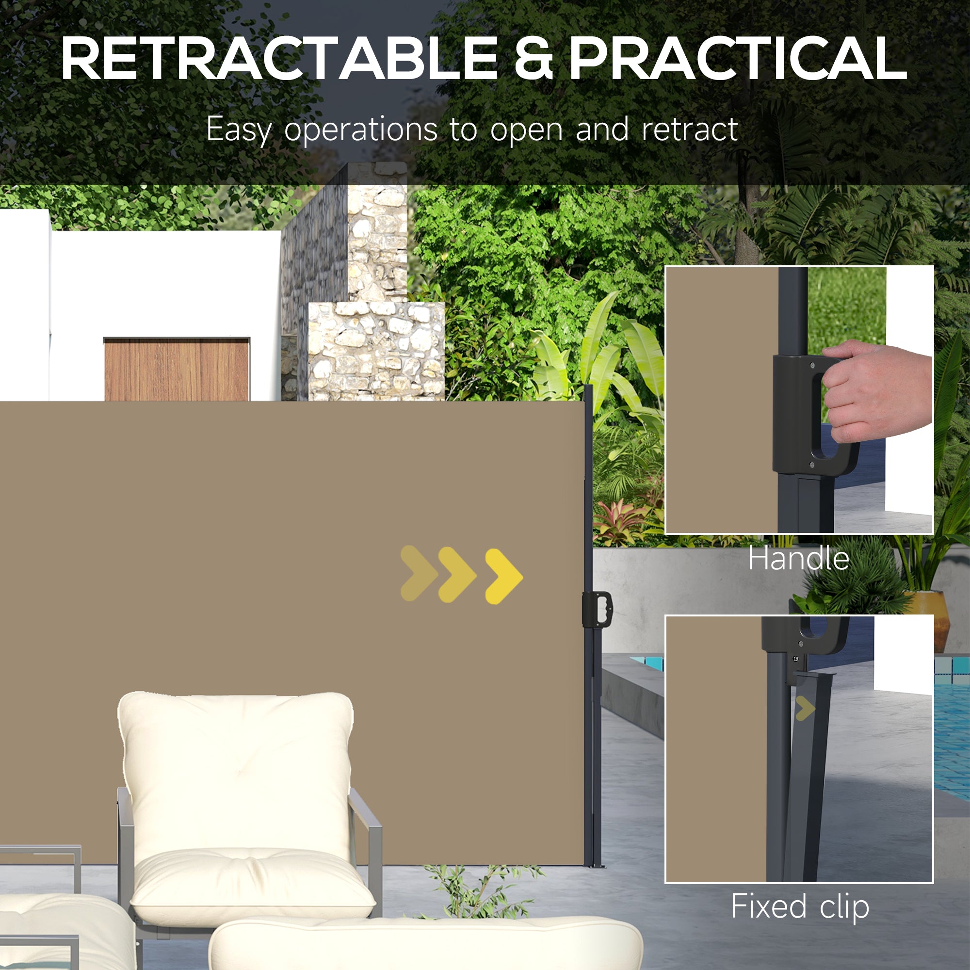 Outsunny Retractable Side Awning, Outdoor Privacy Screen for Garden, Hot Tub, Balcony, Terrace, Pool, 400 x 180cm, Khaki