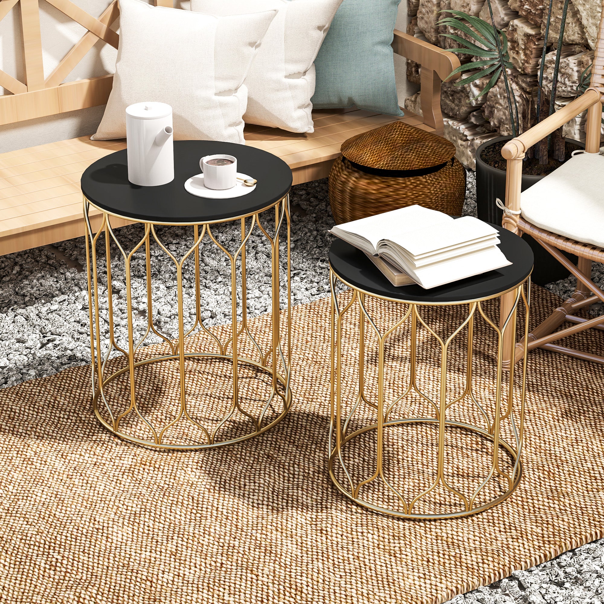 Outsunny Round Coffee Table Set of 2, Modern Nesting Tables with Ceramic Tile Top, Small End Tables, Indoor Outdoor Side Table with Metal Frame for Living Room, Bedroom, Patio, Balcony, Black