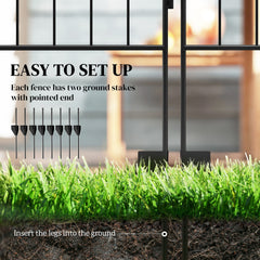 Outsunny Decorative Garden Fencing, 4PCs Outdoor Picket Fence Panels, 43in x 11.5ft Rustproof Metal Wire Landscape Flower Bed Border Edging Animal Barrier, Black