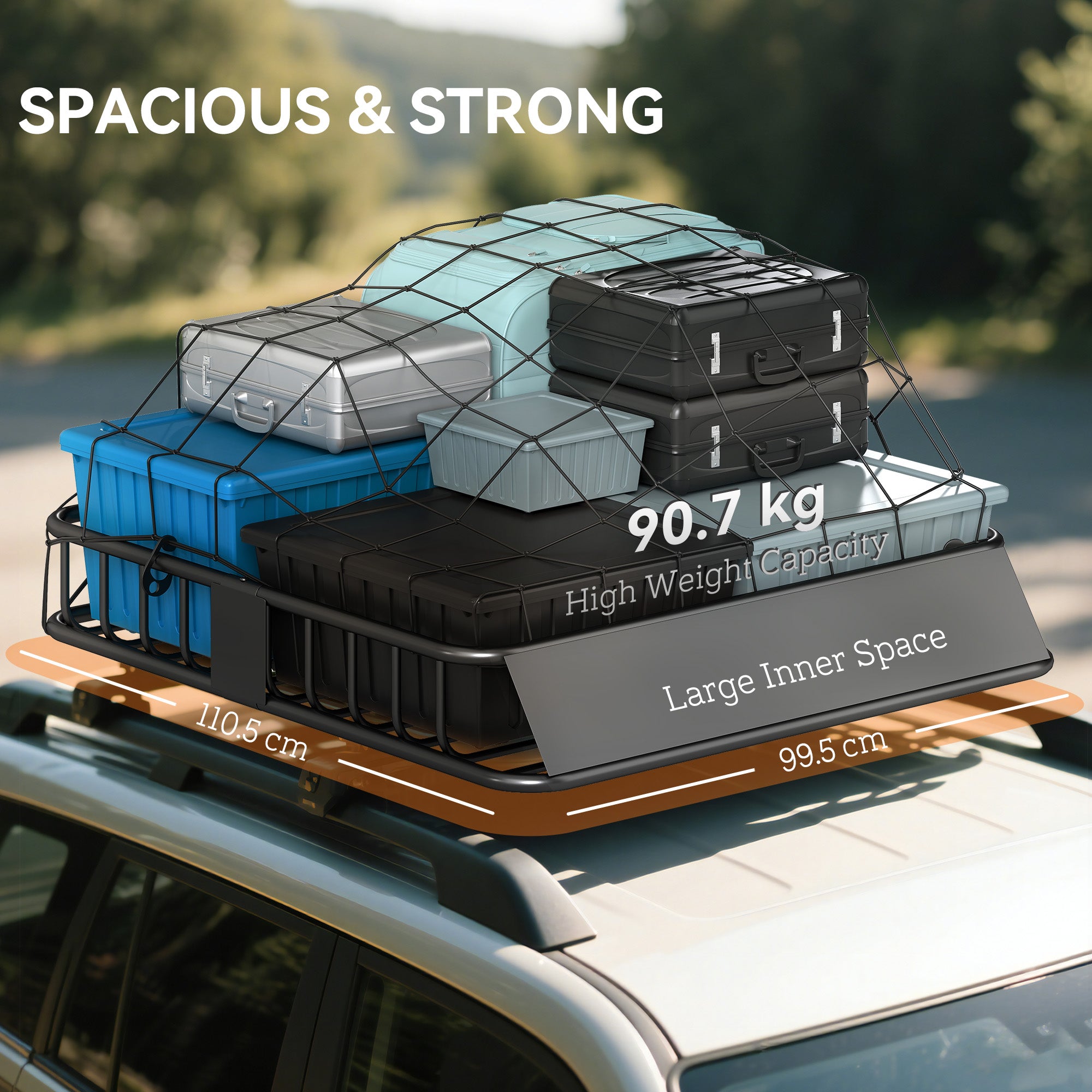 HOMCOM Universal Roof Rack Basket Tray, 90.7 kg Steel Car Rooftop Luggage Cargo Carrier Holder with Wind Fairing, Side Rails for SUVs, Pickups, Sedans, Off-Road Vehicles, 110.5 x 99.5 x 18.5 cm, Black