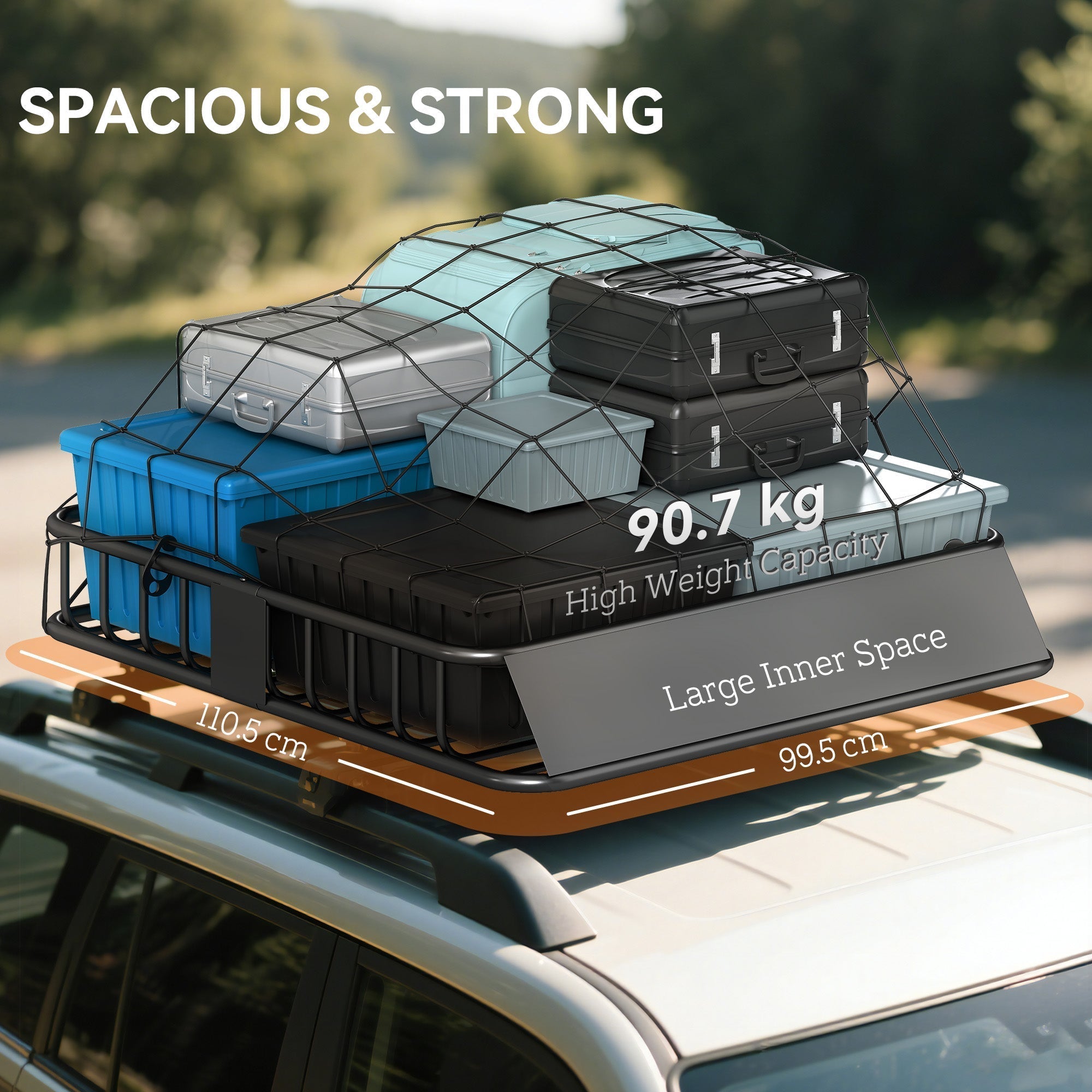 HOMCOM Universal Roof Rack Basket Tray, 90.7 kg Steel Car Rooftop Luggage Cargo Carrier Holder with Wind Fairing, Side Rails for SUVs, Pickups, Sedans, Off-Road Vehicles, 110.5 x 99.5 x 18.5 cm, Black