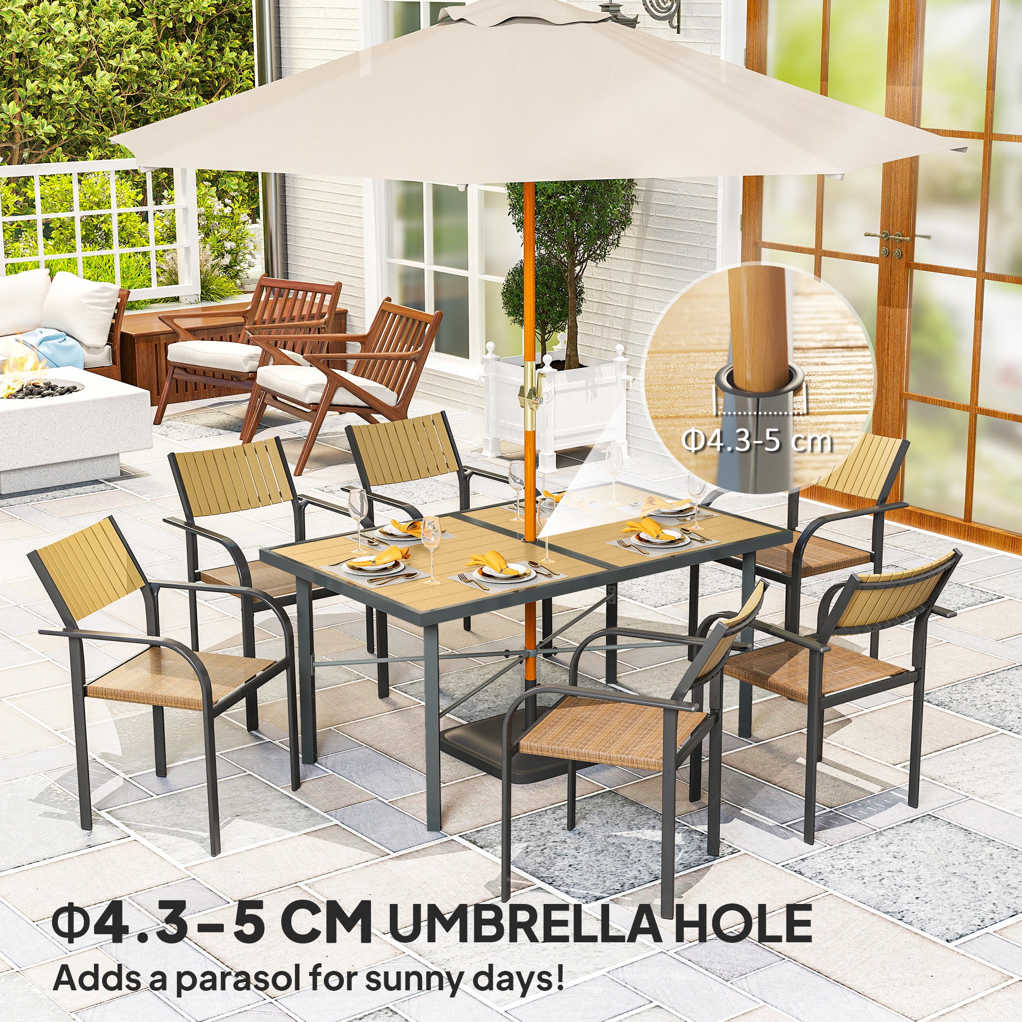 Outsunny Garden Table for 6, 150 cm Rectangular Outdoor Dining Table with 5 cm Umbrella Hole, Wood Effect Top, Rust Resistant Frame, for Patio, Balcony, Terrace, Natural Wood Finish