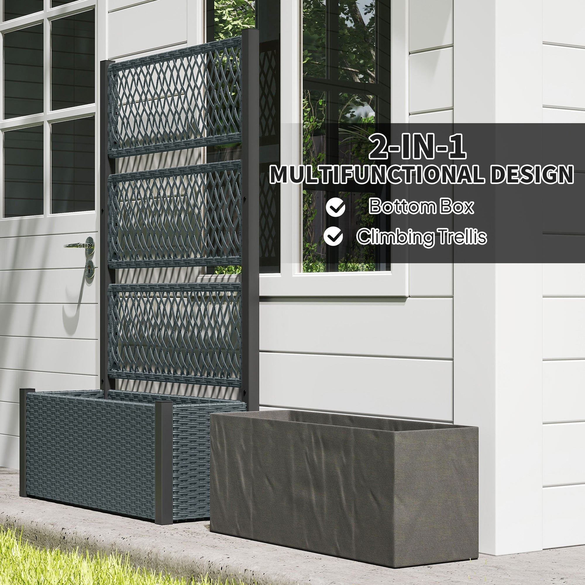 Outsunny Garden Planter Box with Trellis, Liner for Climbing Plants, Vegetables, Flowers, 90 x 35 x 148 cm, Charcoal Grey