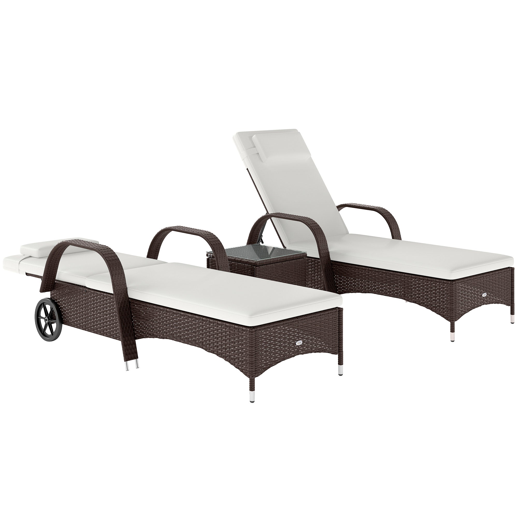Outsunny 3 Pieces PE Rattan Patio Lounge Chair Set, Outdoor Recliner Lounge Chairs with Wheels, for Outside with Cushions, Headrest, Coffee Table for Garden, Poolside, Brown