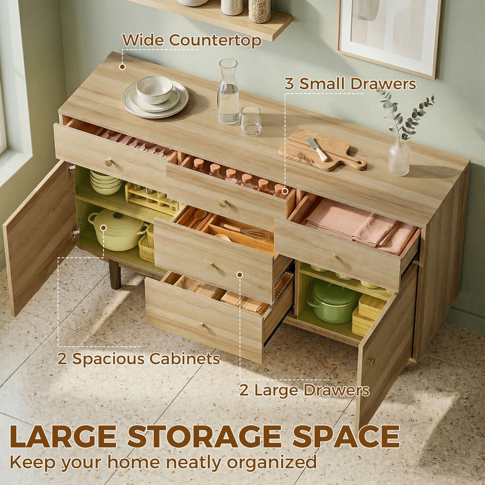 HOMCOM Sideboard with 5 Drawers and 2 Cabinets Buffet Cabinet with Solid Wood Legs 136 cm Walnut