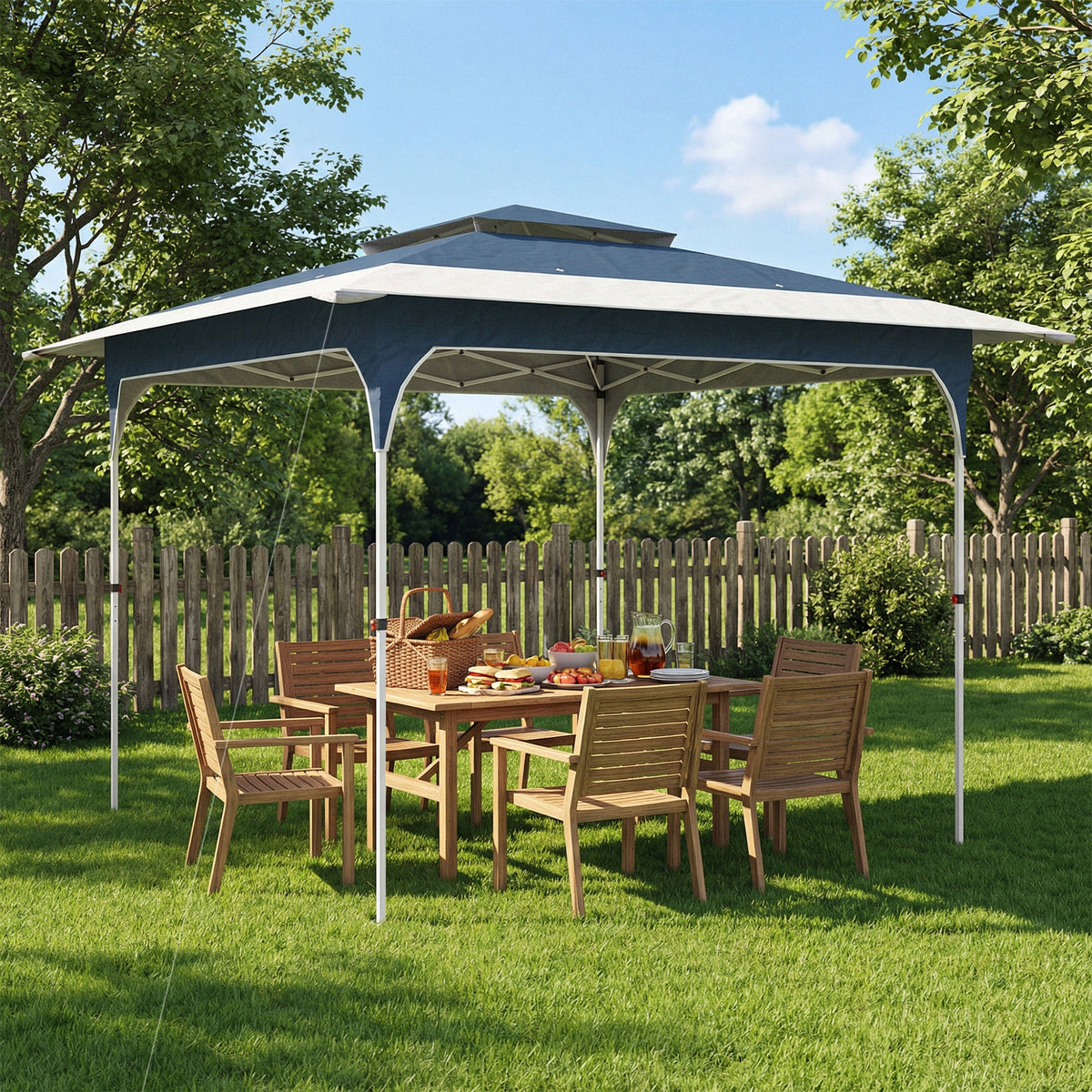 Outsunny 3.5 x 3.5 m Pop Up Gazebo with One-Push Setup, UPF50+ Double Tier Garden Party Tent Marquee with Carry Bag, Blue