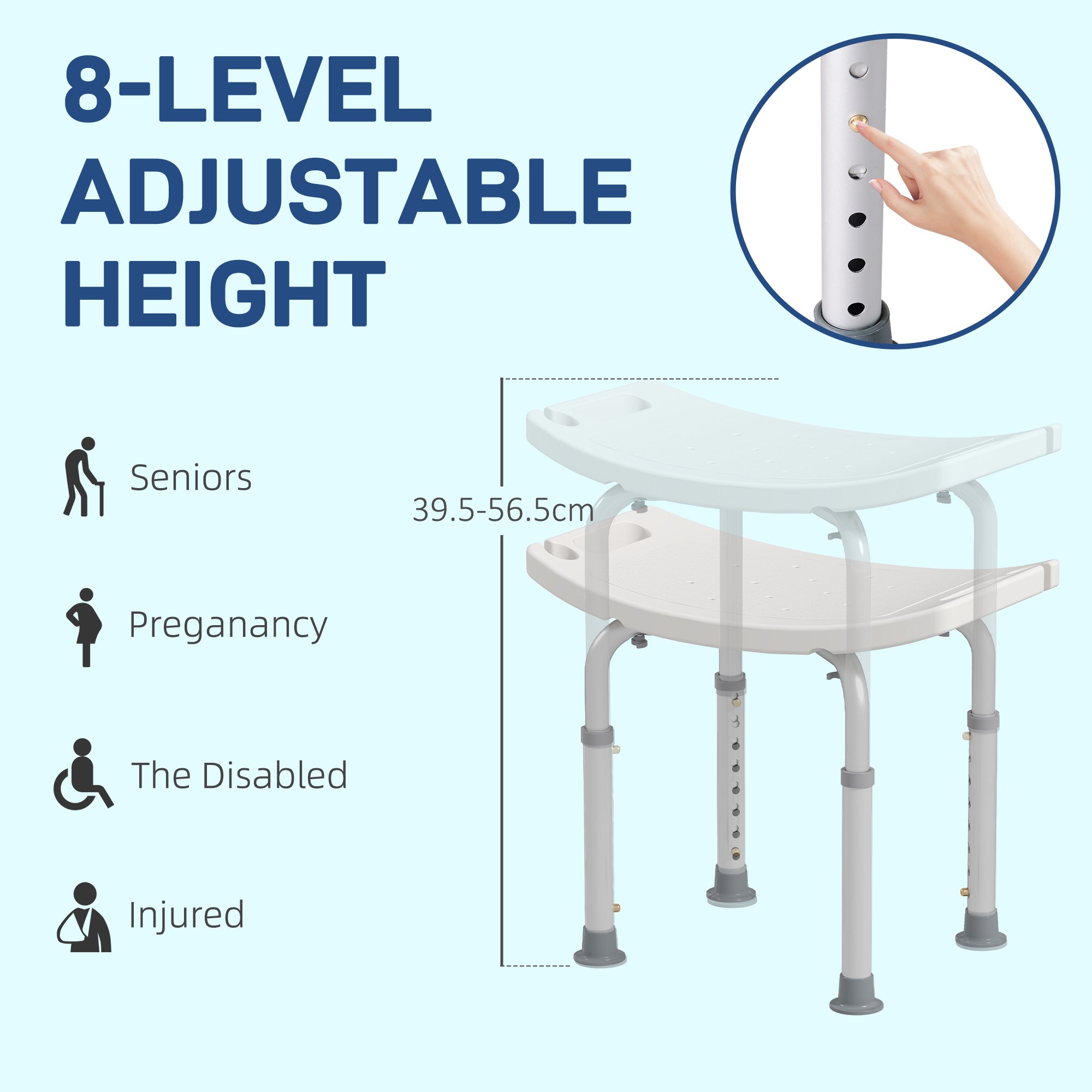 HOMCOM Height Adjustable Bath Stool, Aluminium Shower Stool with Non-Slip Pads for Elderly, Disabled, Seniors, Pregnant, White